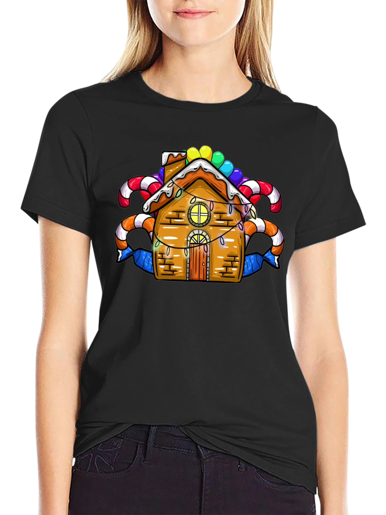 Black Festive Gingerbread House Graphic Tee view 2