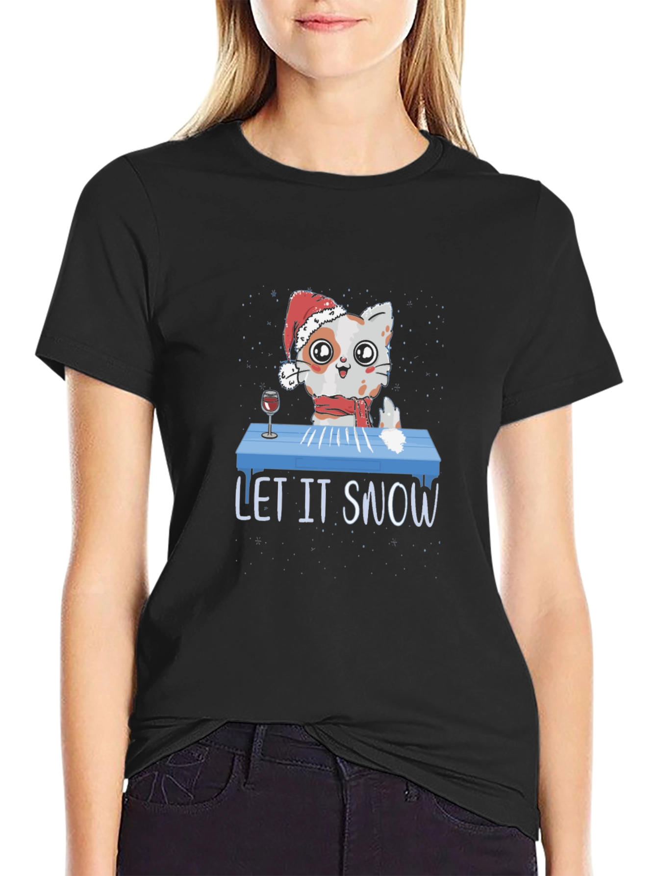 Black Let It Snow Funny Christmas Cat T-Shirt view 2
