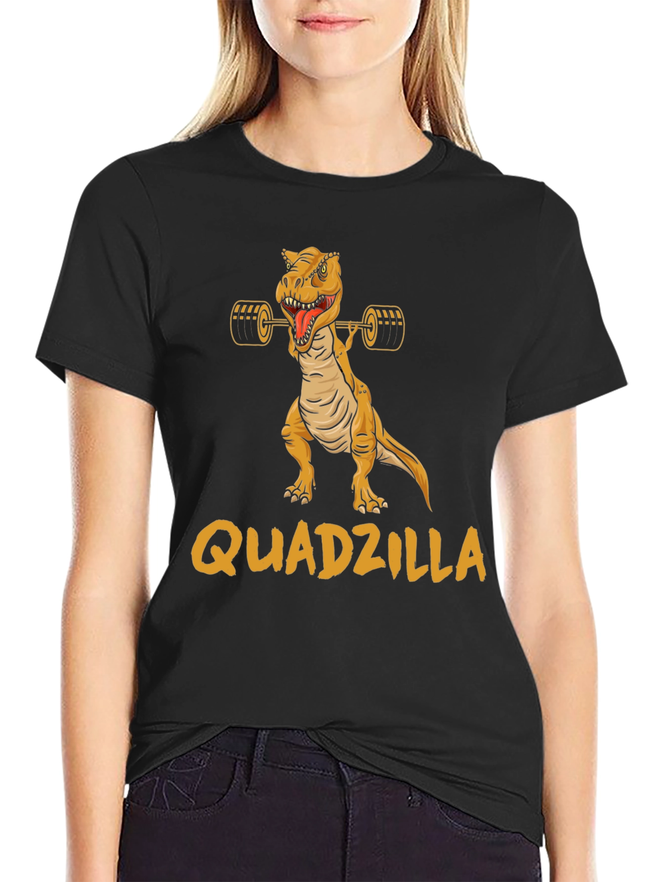 Black Quadzilla Weightlifting Dinosaur Graphic T-Shirt view 2