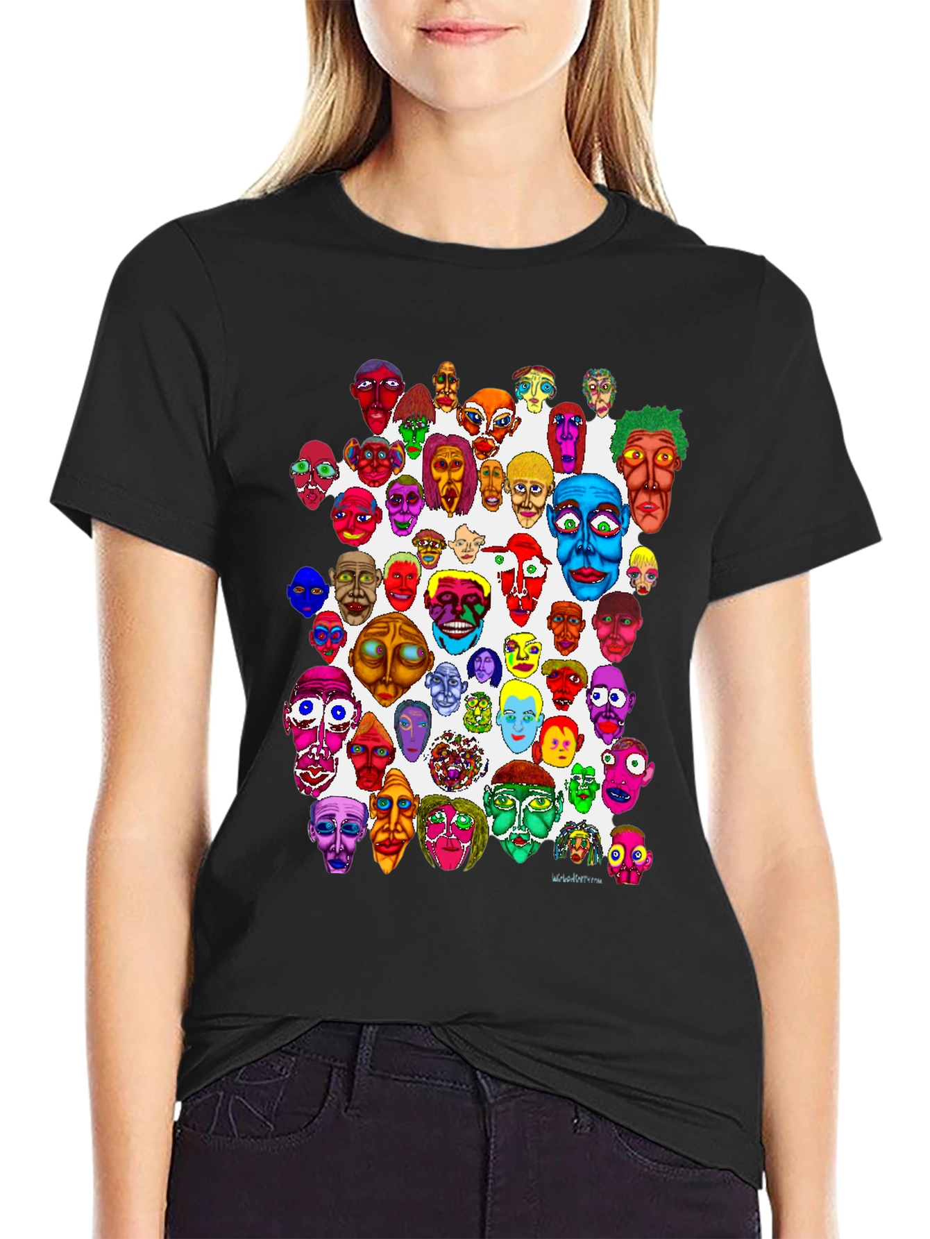 Black Unique Colorful Faces Graphic Tee view 2