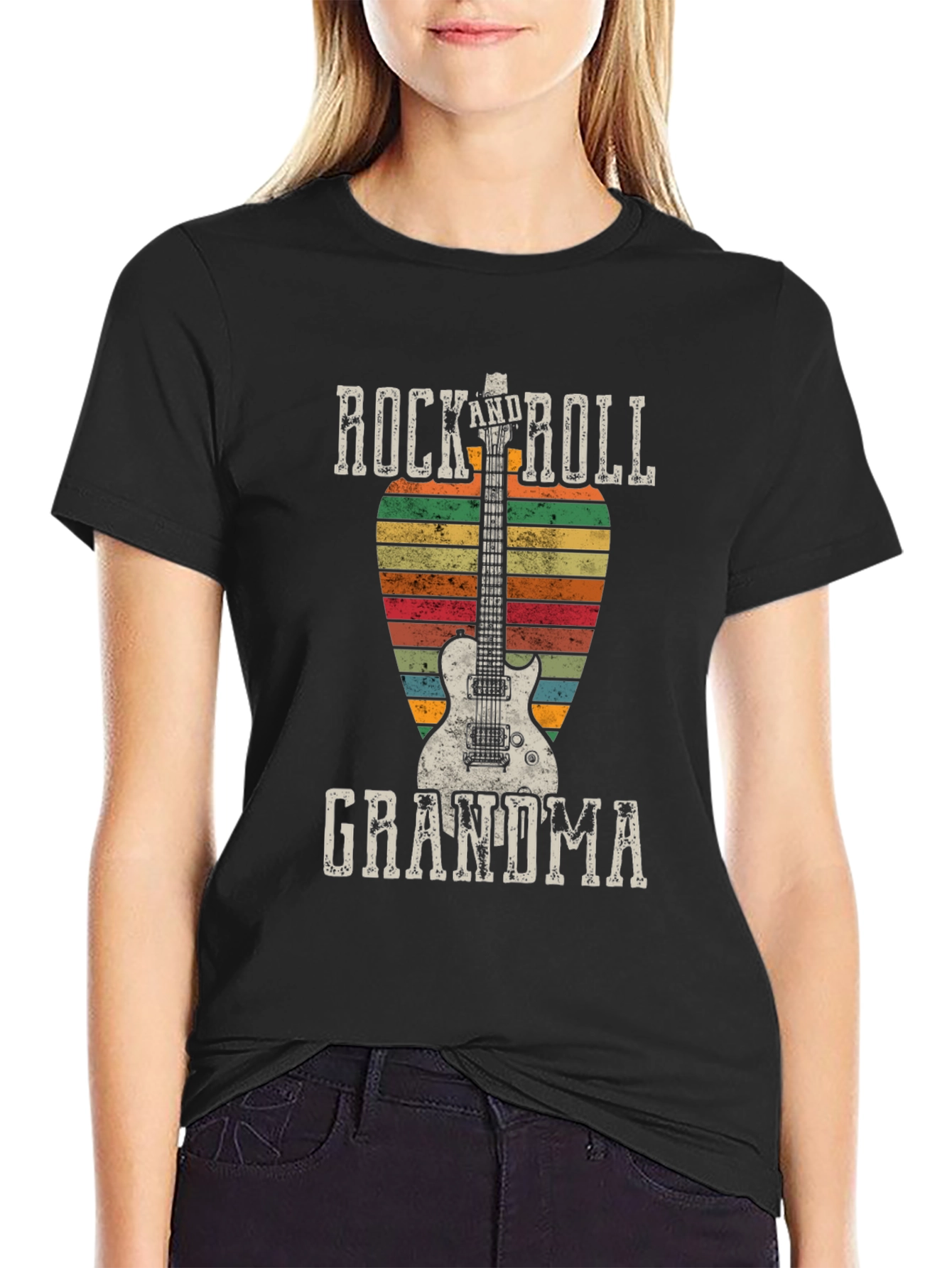 Black Rock and Roll Grandma Guitar T-Shirt - Vintage Style view 2