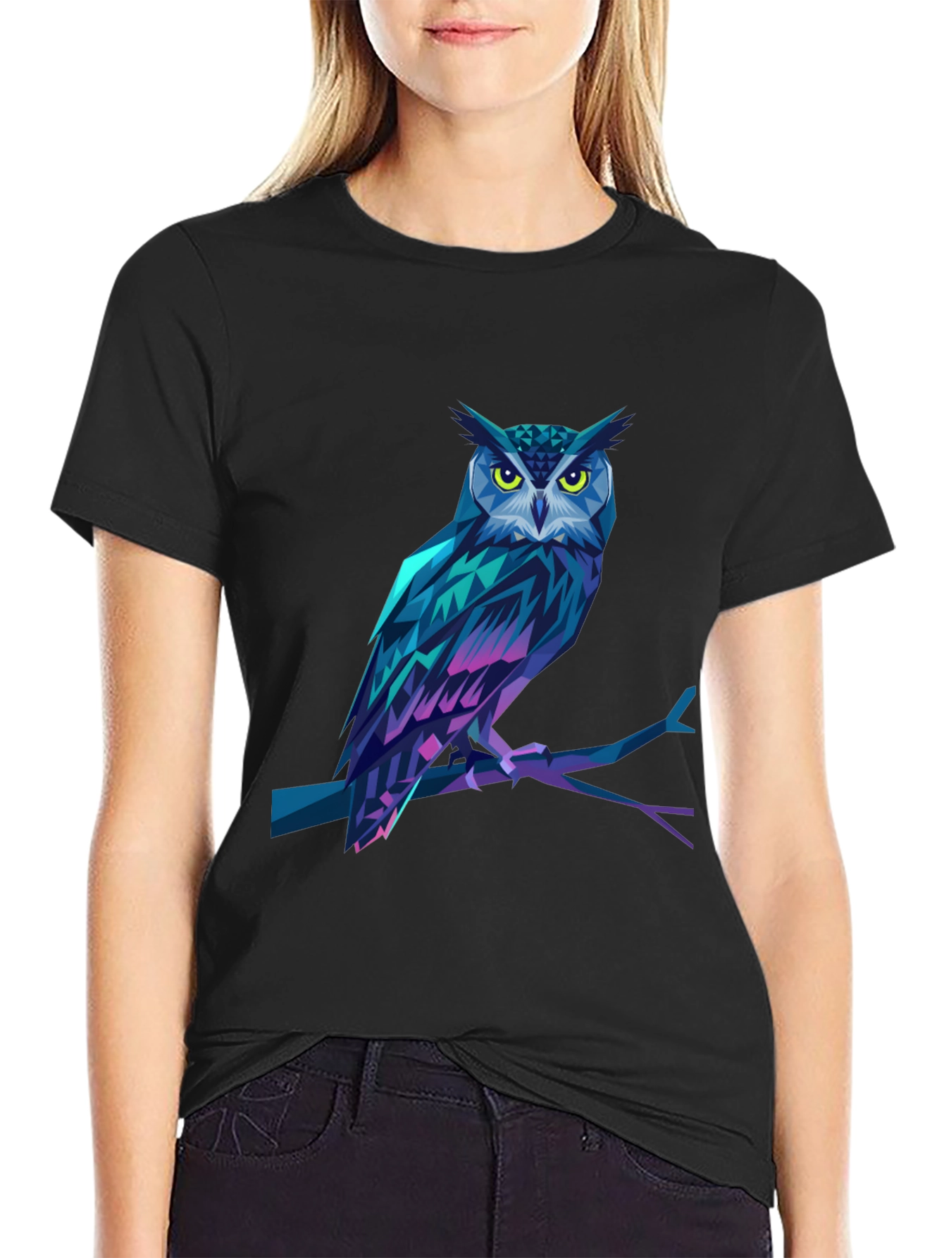 Black Geometric Owl Graphic Print Black T-Shirt view 2