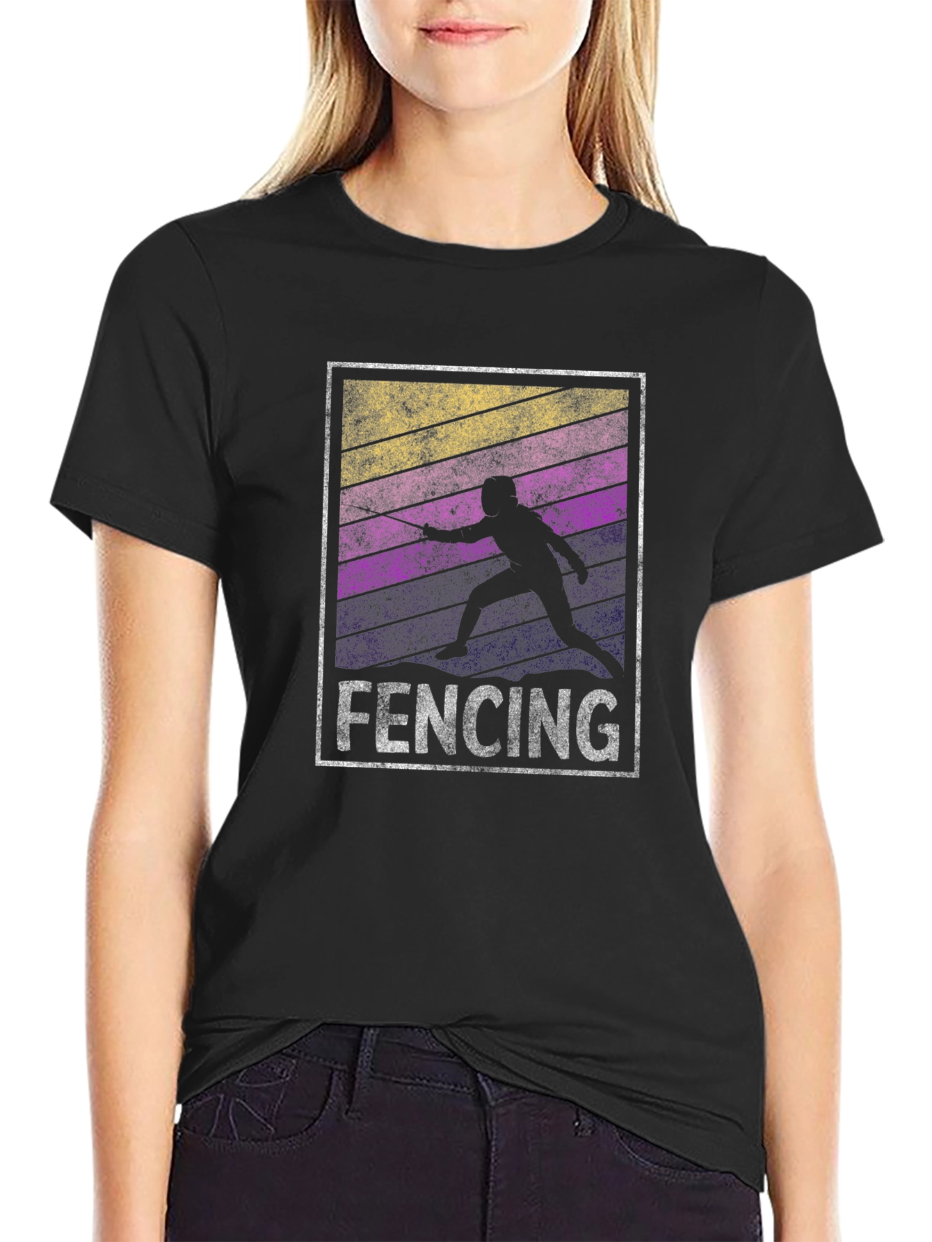 Black Fencing Silhouette T-Shirt - Retro Style view 2