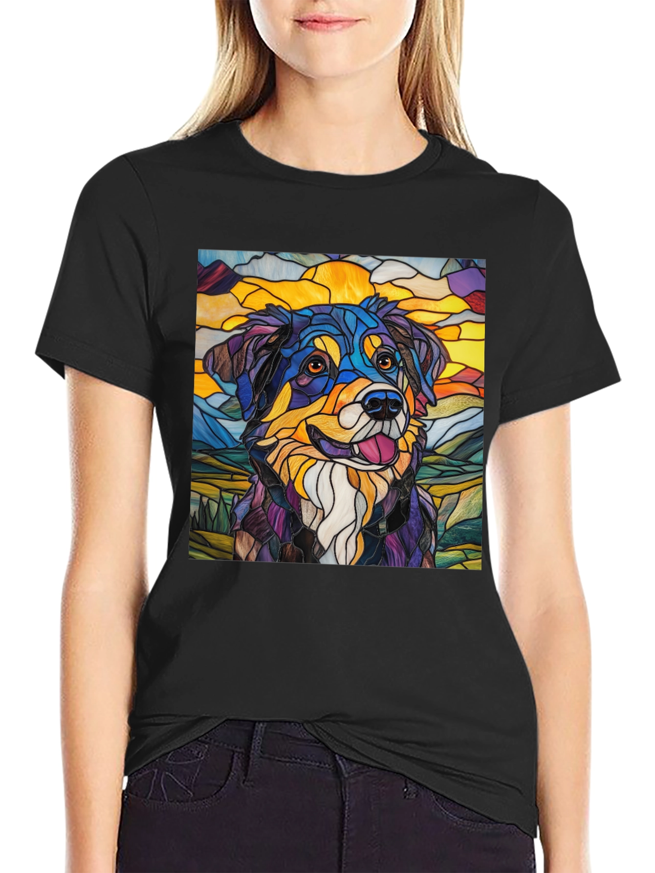 Black Stained Glass Dog Art Tee view 2