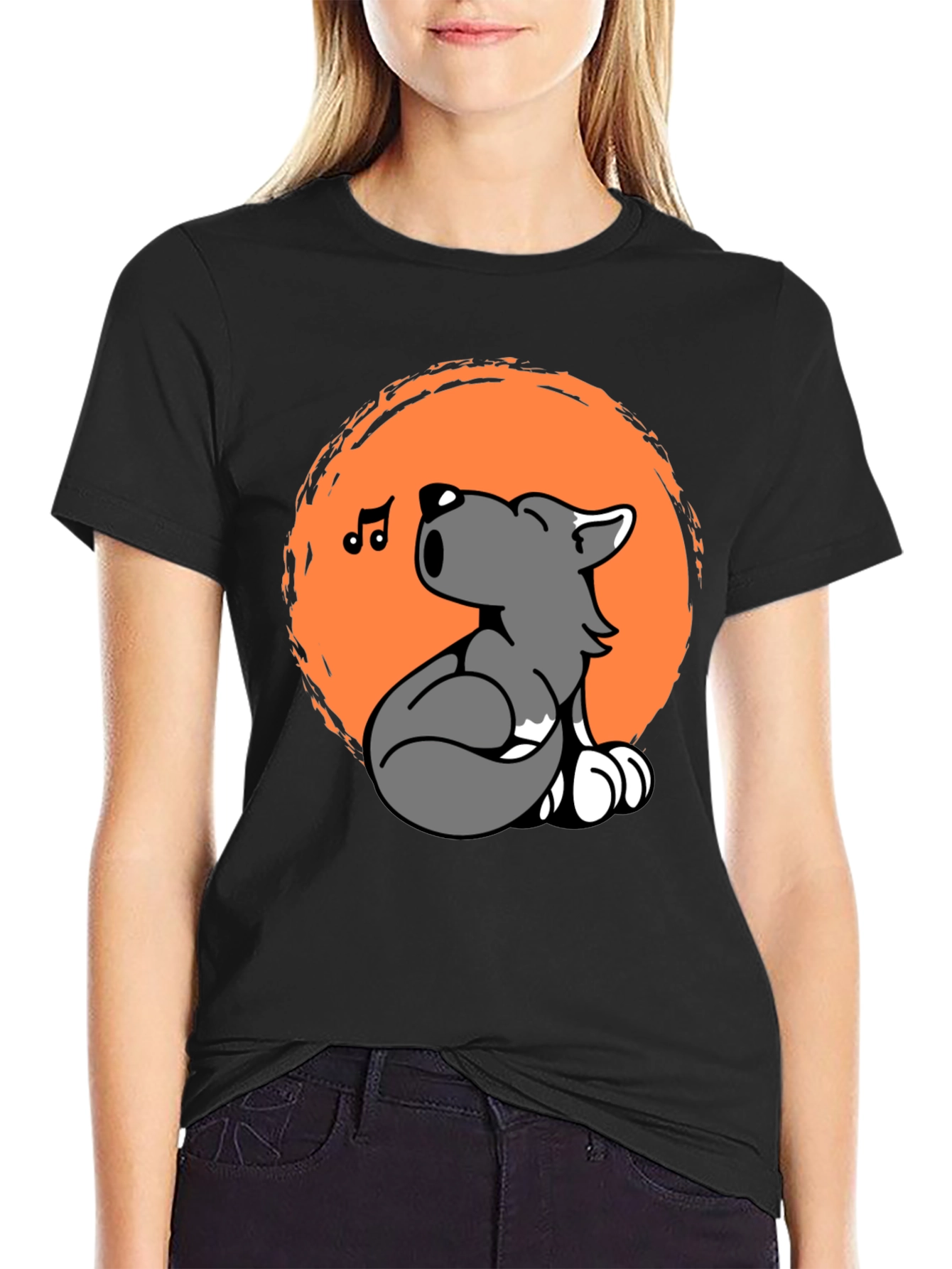 Black Cartoon Wolf Howling Graphic Tee - Black Unisex T-Shirt view 2