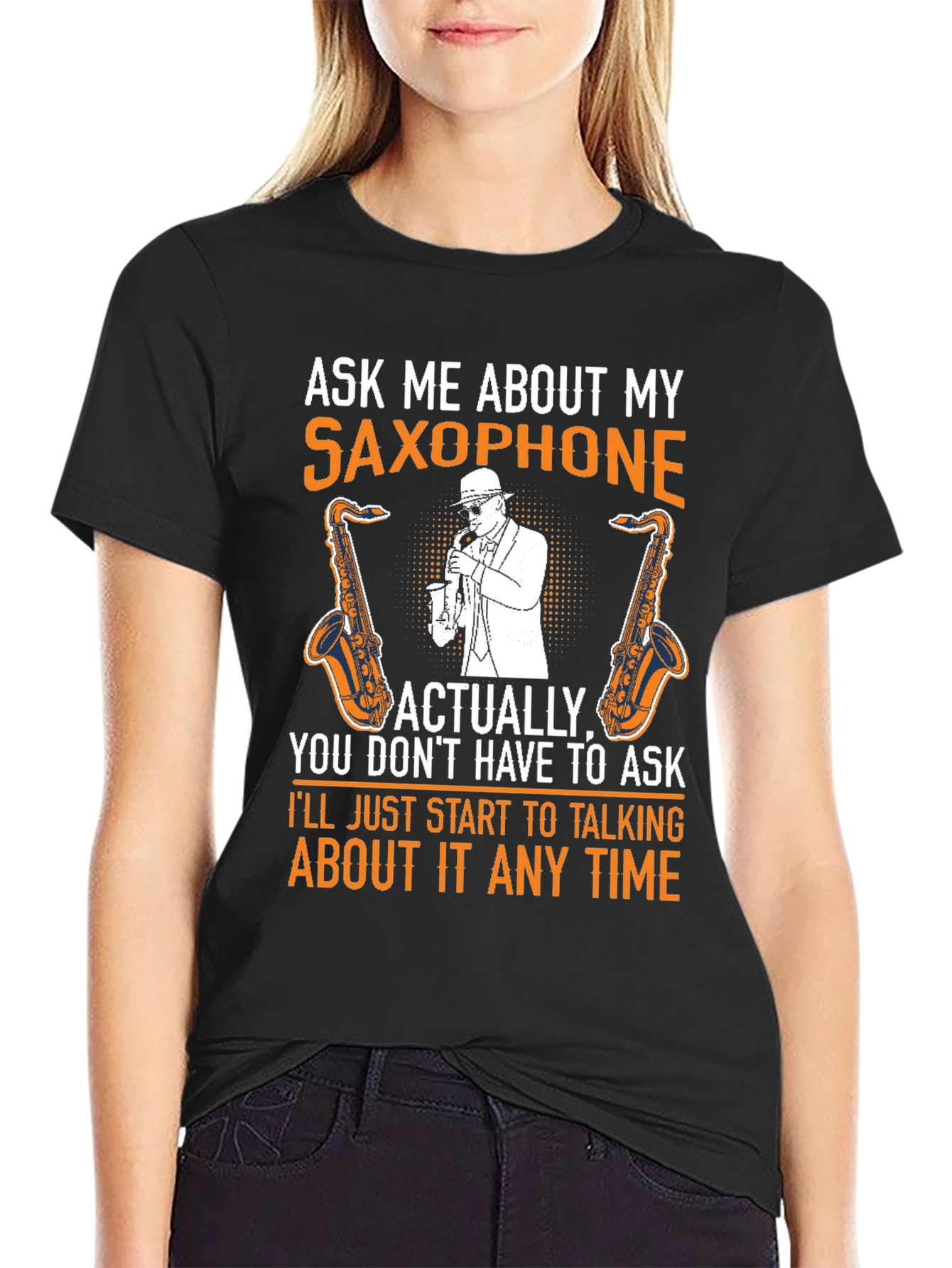 Black Saxophone Lover T-Shirt: Ask Me About My Saxophone! view 2