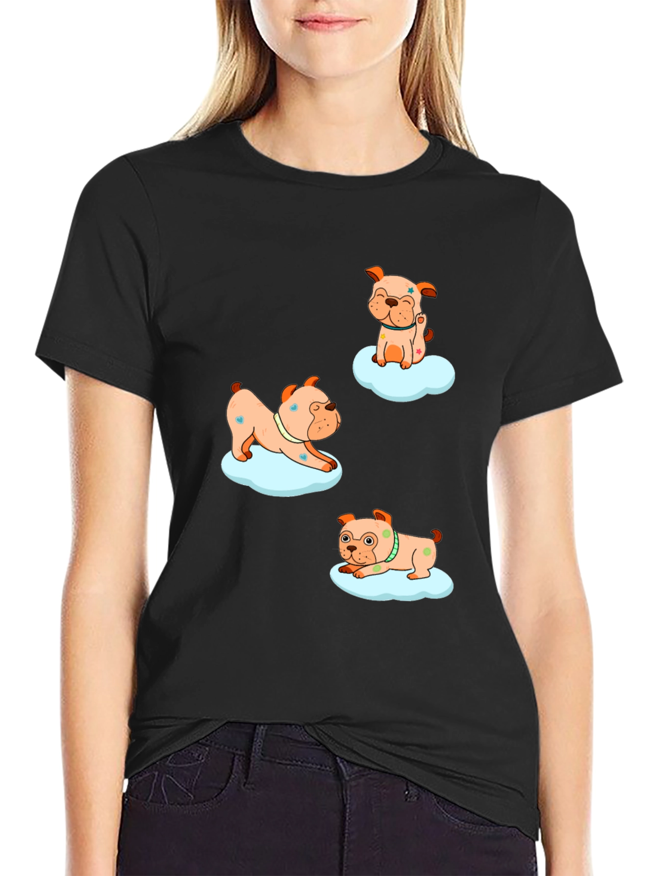 Black Cute Bulldog Cloud Print Black T-Shirt view 2