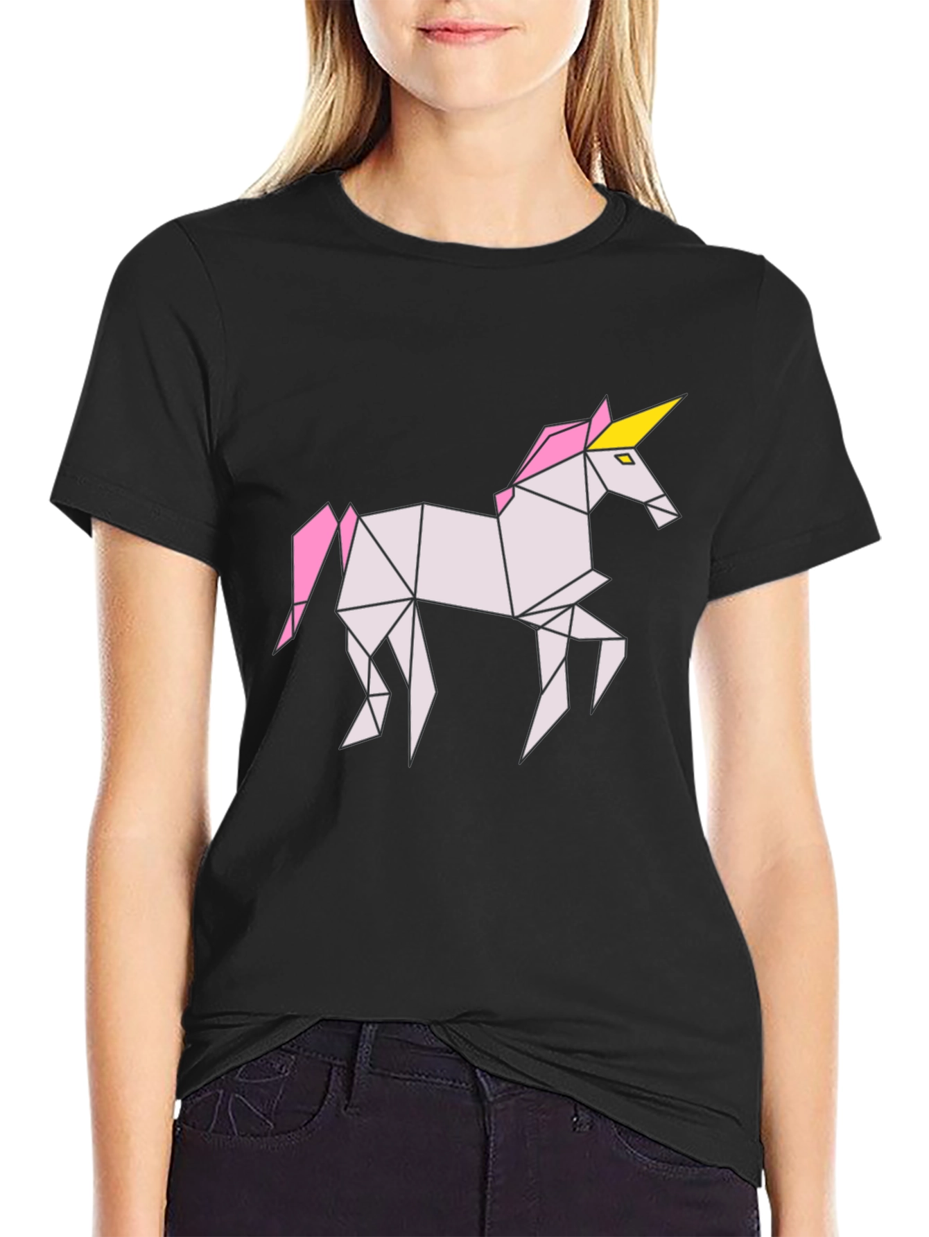 Black Geometric Unicorn Graphic Tee - Black Cotton Shirt view 2