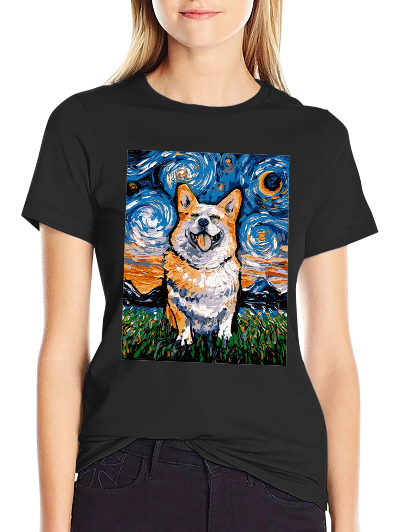 Black Starry Night Corgi T-Shirt - Artistic Dog Lover Tee view 2