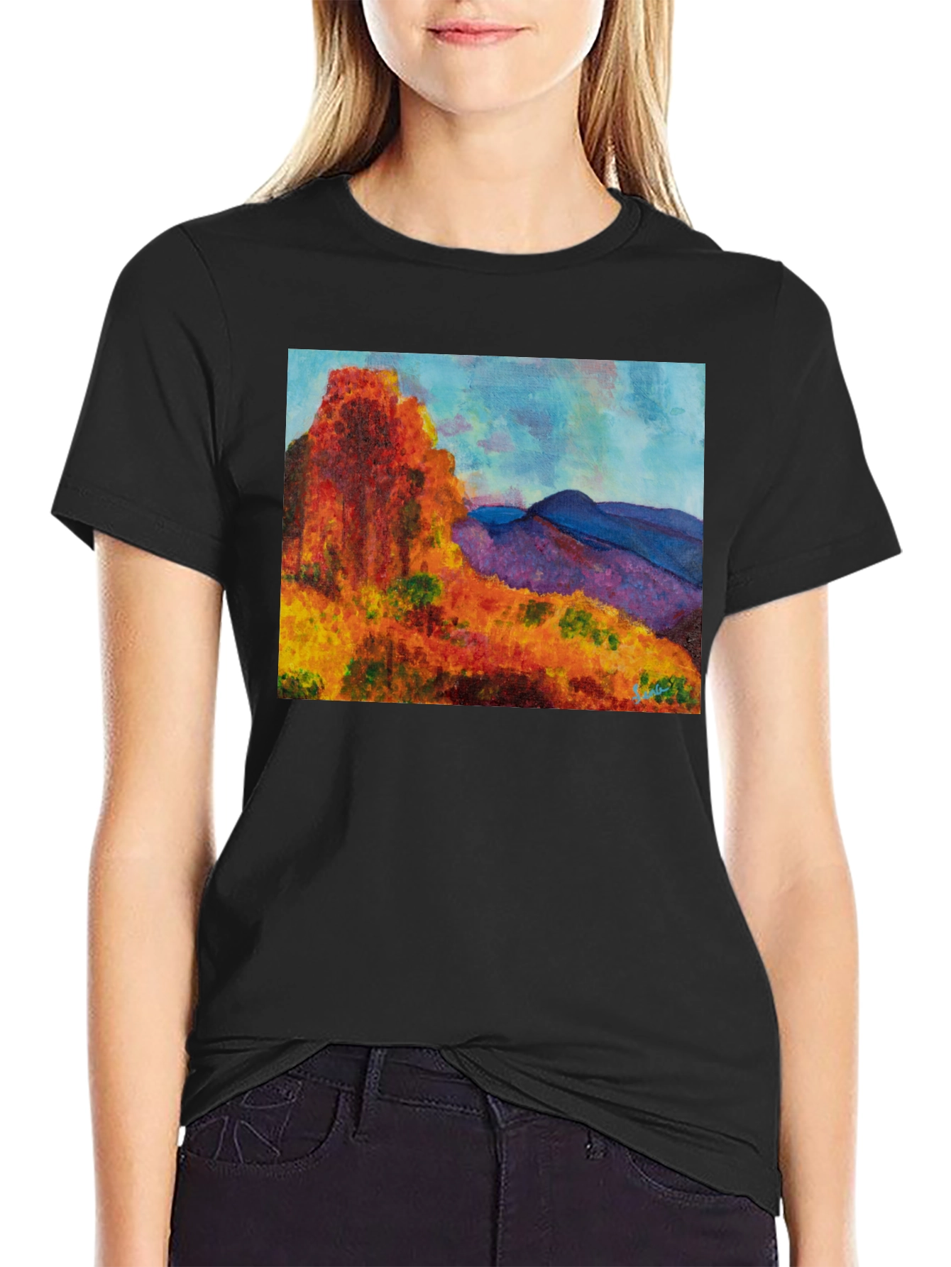 Black Scenic Mountain Print Black T-Shirt view 2