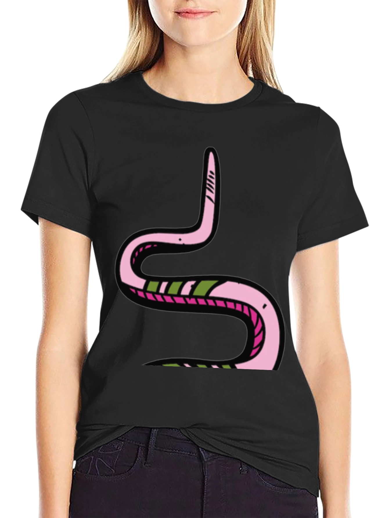Black Pink Snake Graphic Black Tee - Fun Cartoon Style view 2