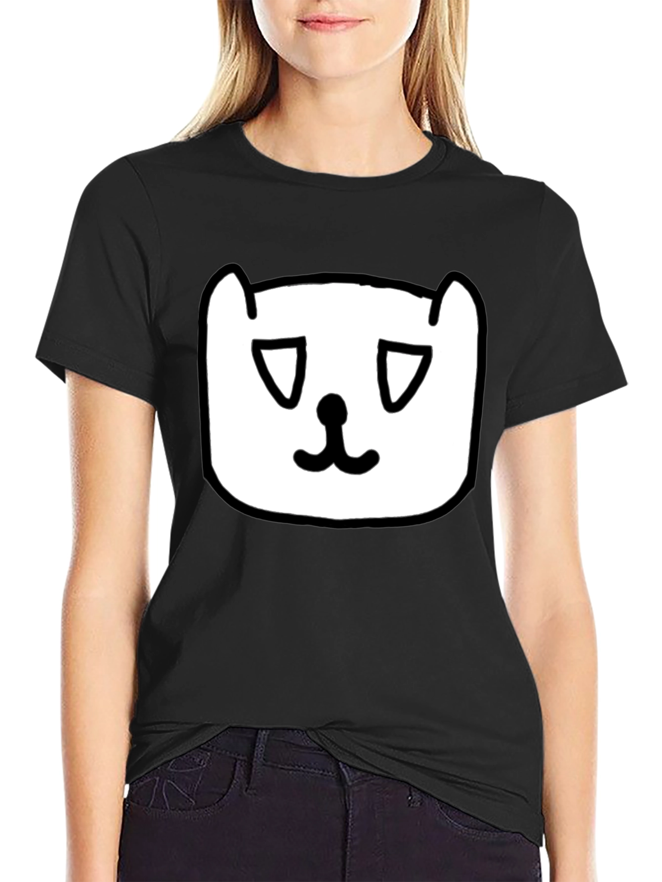 Black Sad Cat Face Graphic Black T-Shirt view 2