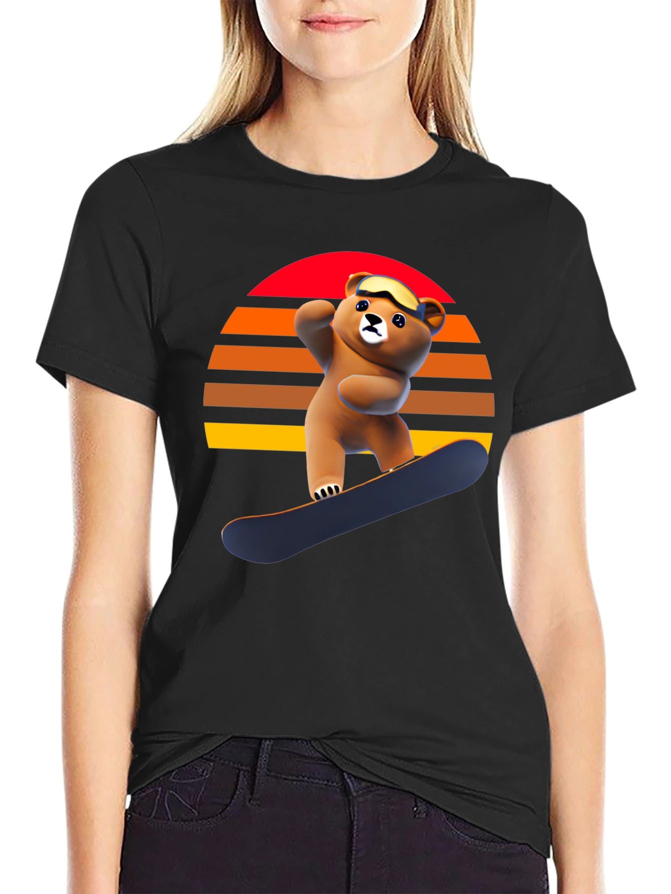 Black Snowboarding Bear Graphic Tee - Retro Style view 2