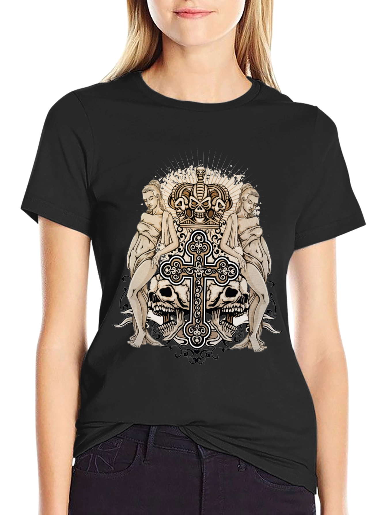 Black Skull Crown Graphic Print Black T-Shirt view 2