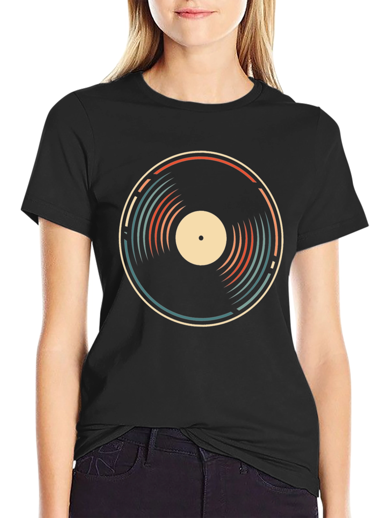 Black Retro Vinyl Record Graphic Tee - Black Cotton T-Shirt view 2