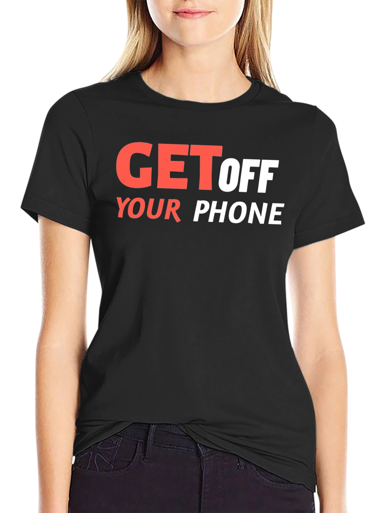 Black Get Off Your Phone Graphic Tee - Black Cotton Blend view 2