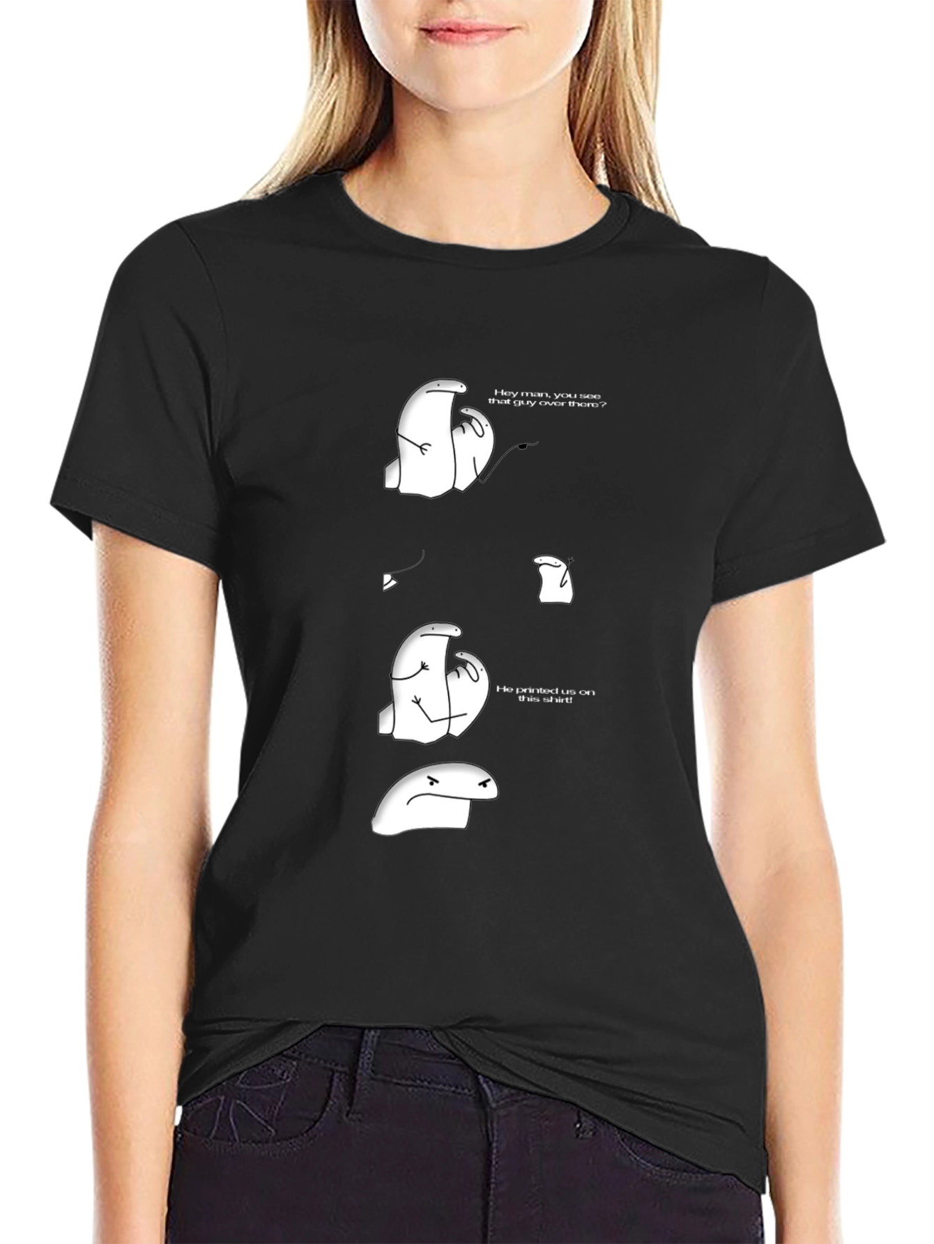 Black Humorous Cartoon Graphic Tee - Black Casual T-Shirt view 2