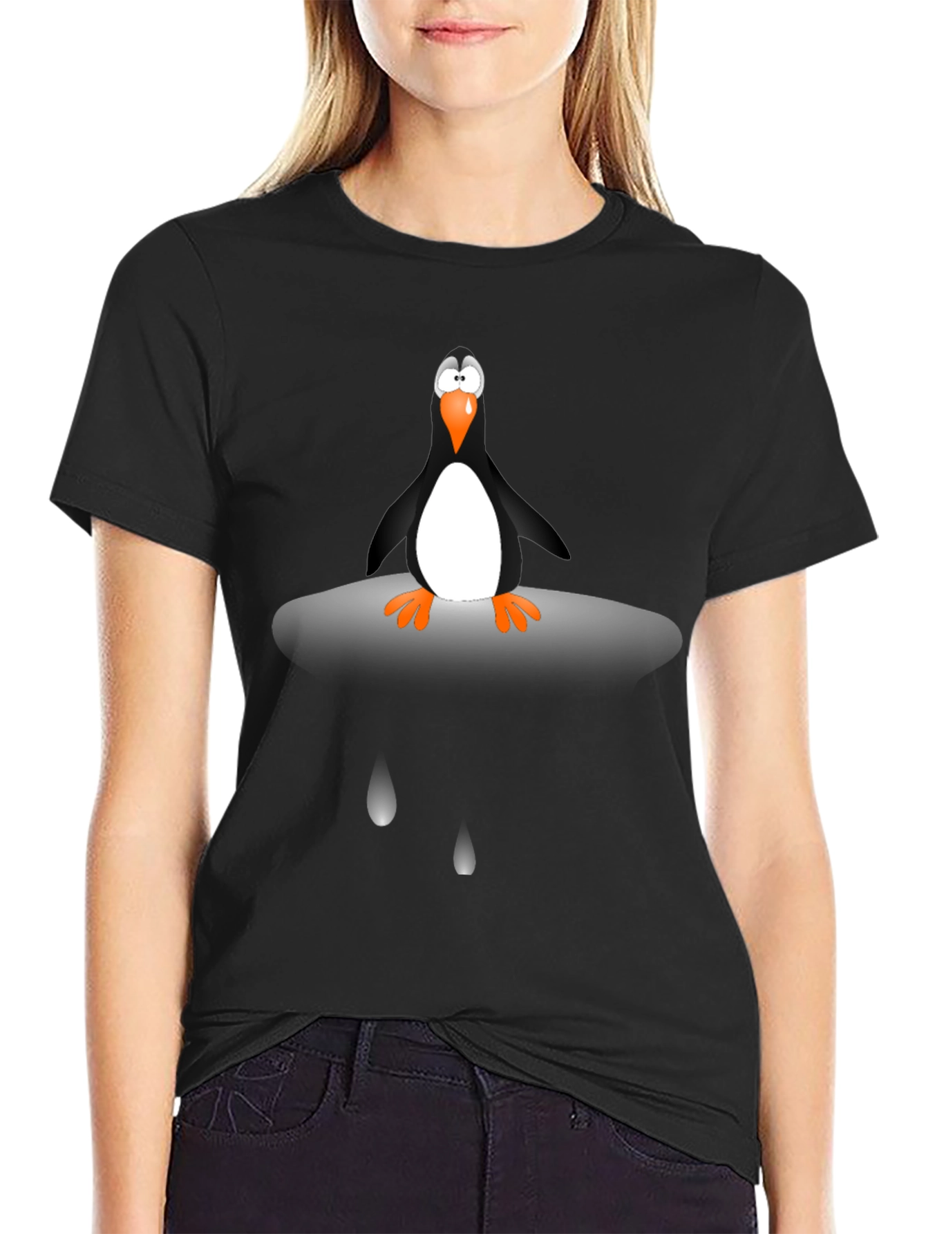 Black Penguin Cartoon Graphic Tee - Unisex Black T-Shirt view 2