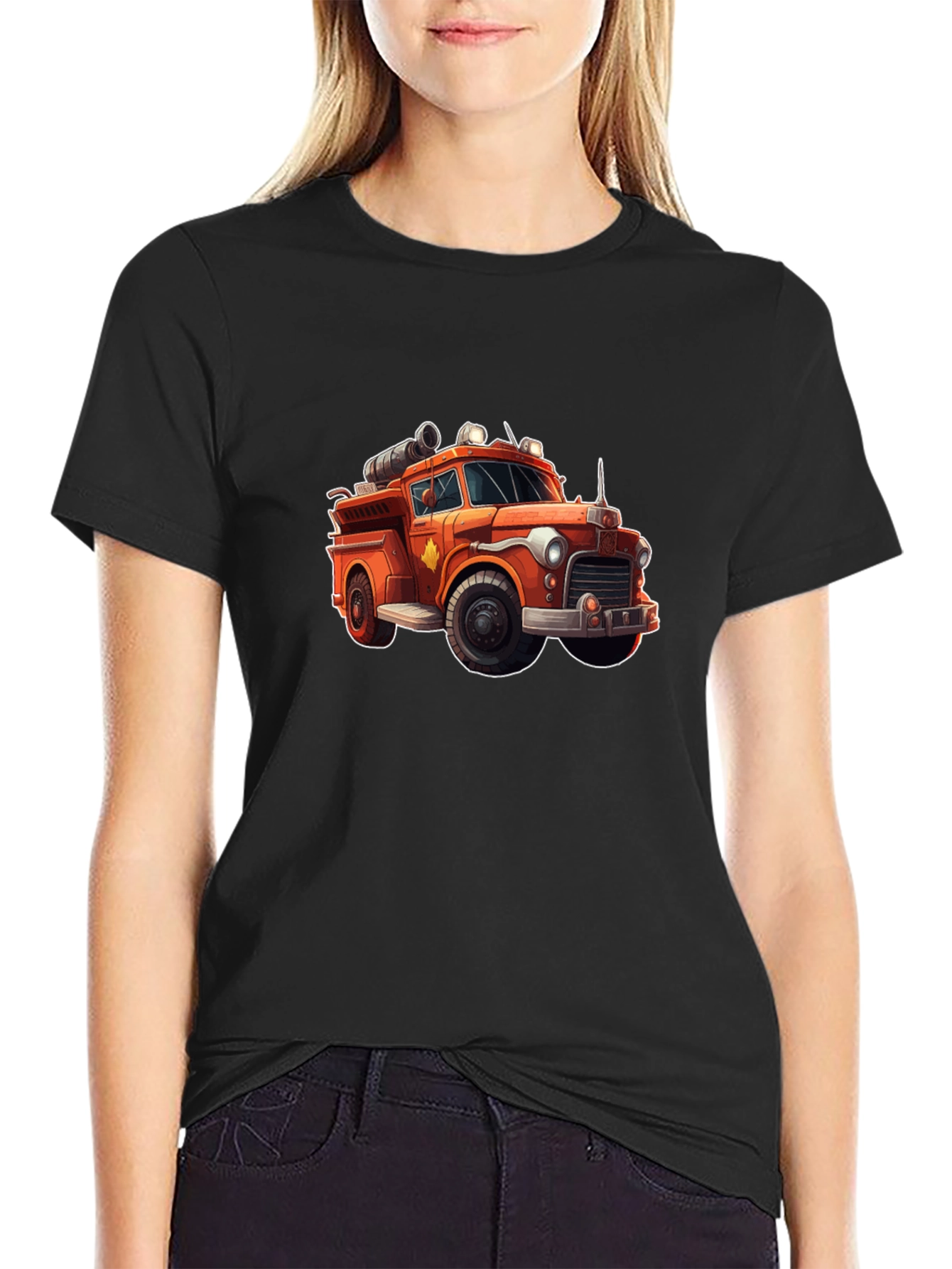 Black Vintage Cartoon Firetruck T-Shirt view 2