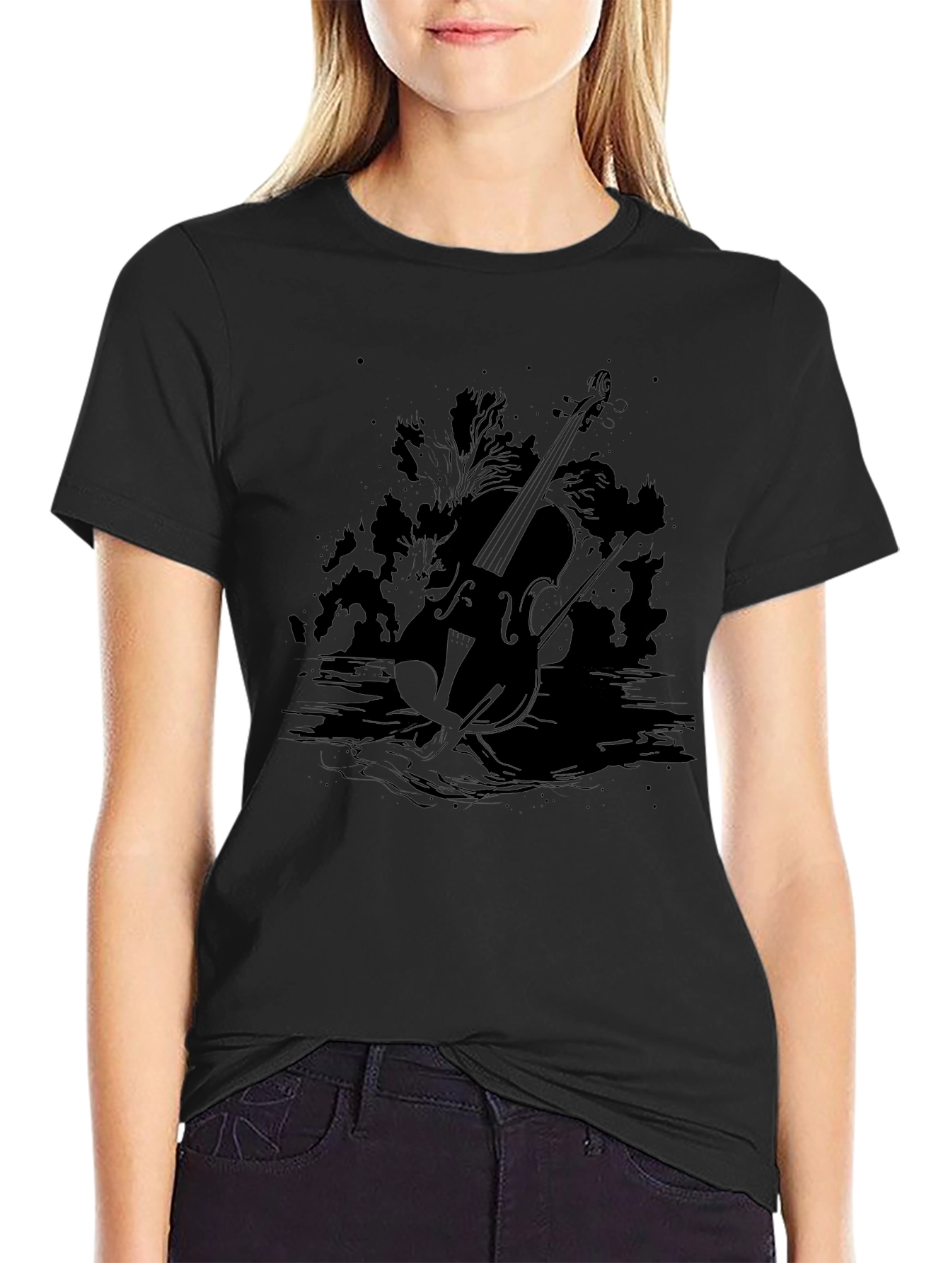 Black Violin Silhouette Graphic T-Shirt - Black view 2