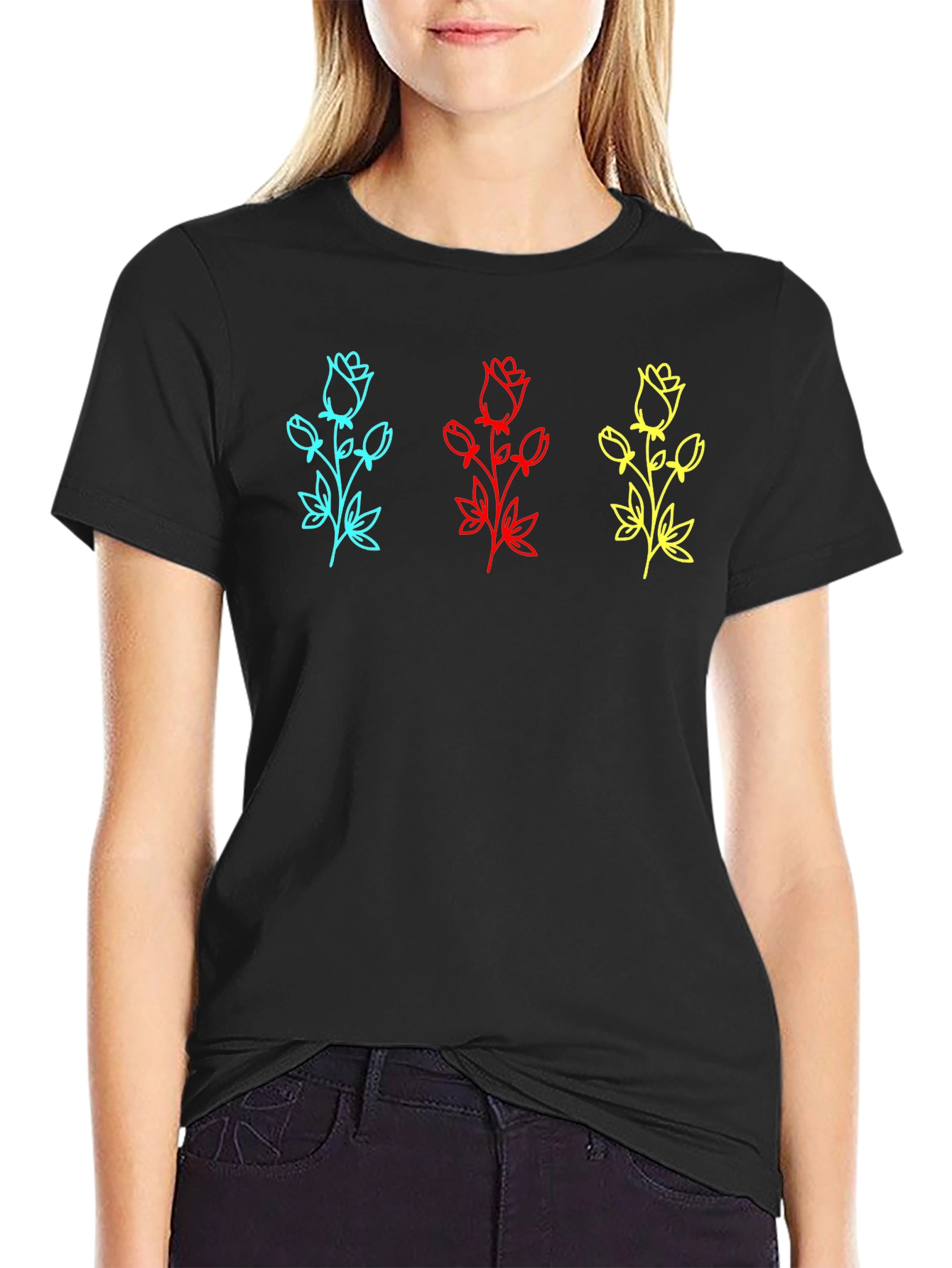 Black Floral Rose Print T-Shirt - Vivid Colors view 2