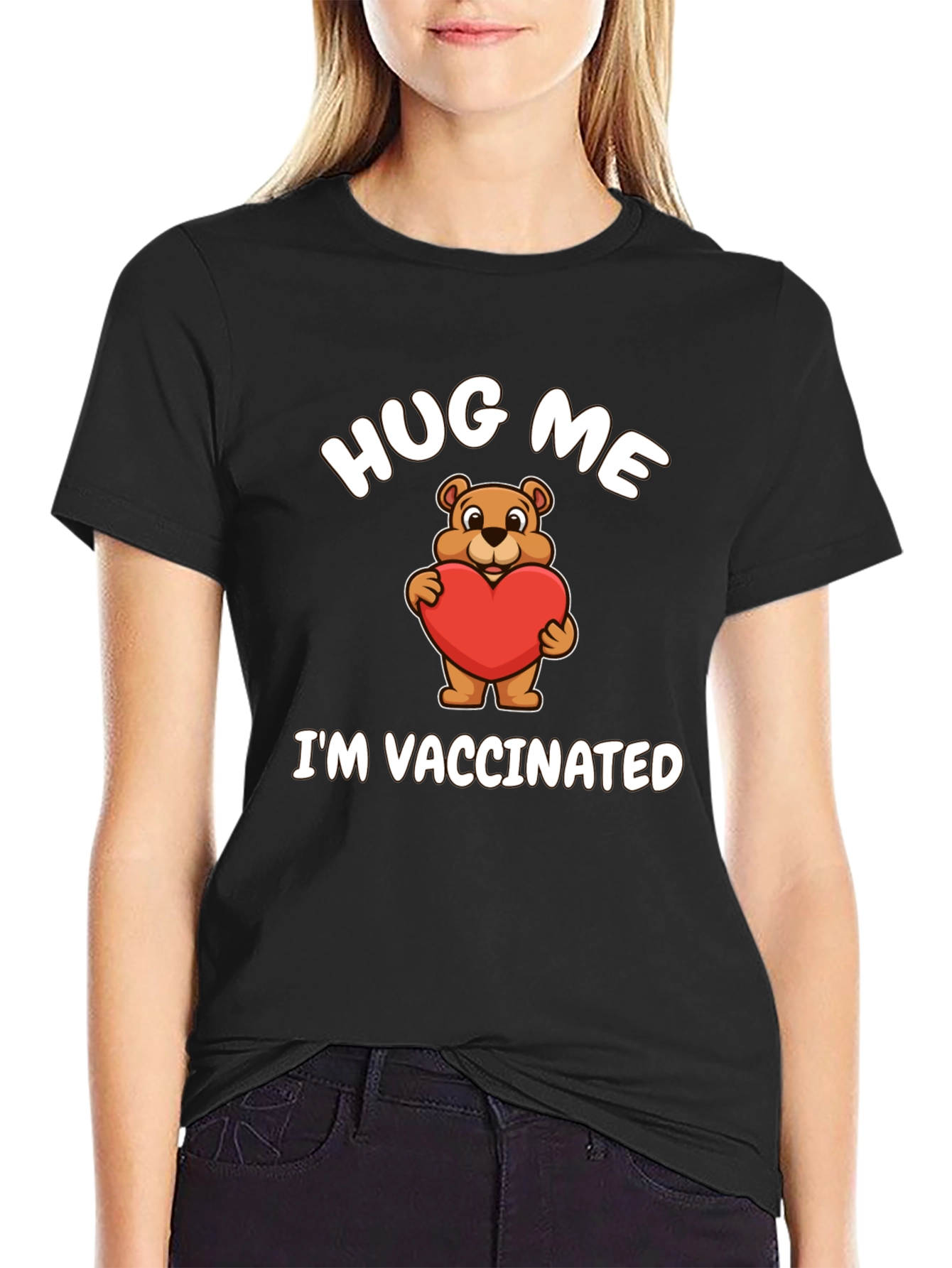 Black Hug Me I'm Vaccinated Bear T-Shirt view 2