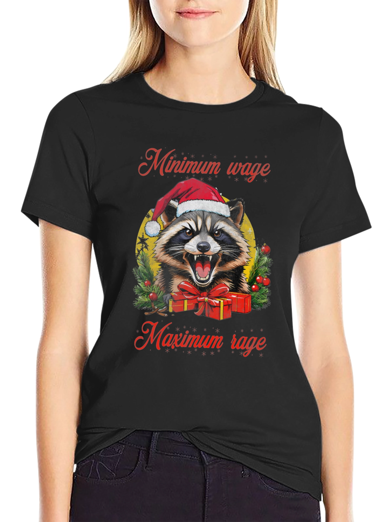 Black Minimum Wage Maximum Rage Raccoon Graphic Tee view 2