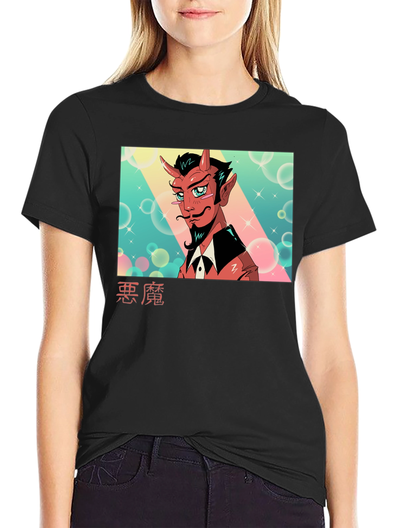 Black Anime Devil Graphic Tee - Soft Cotton Black T-Shirt view 2