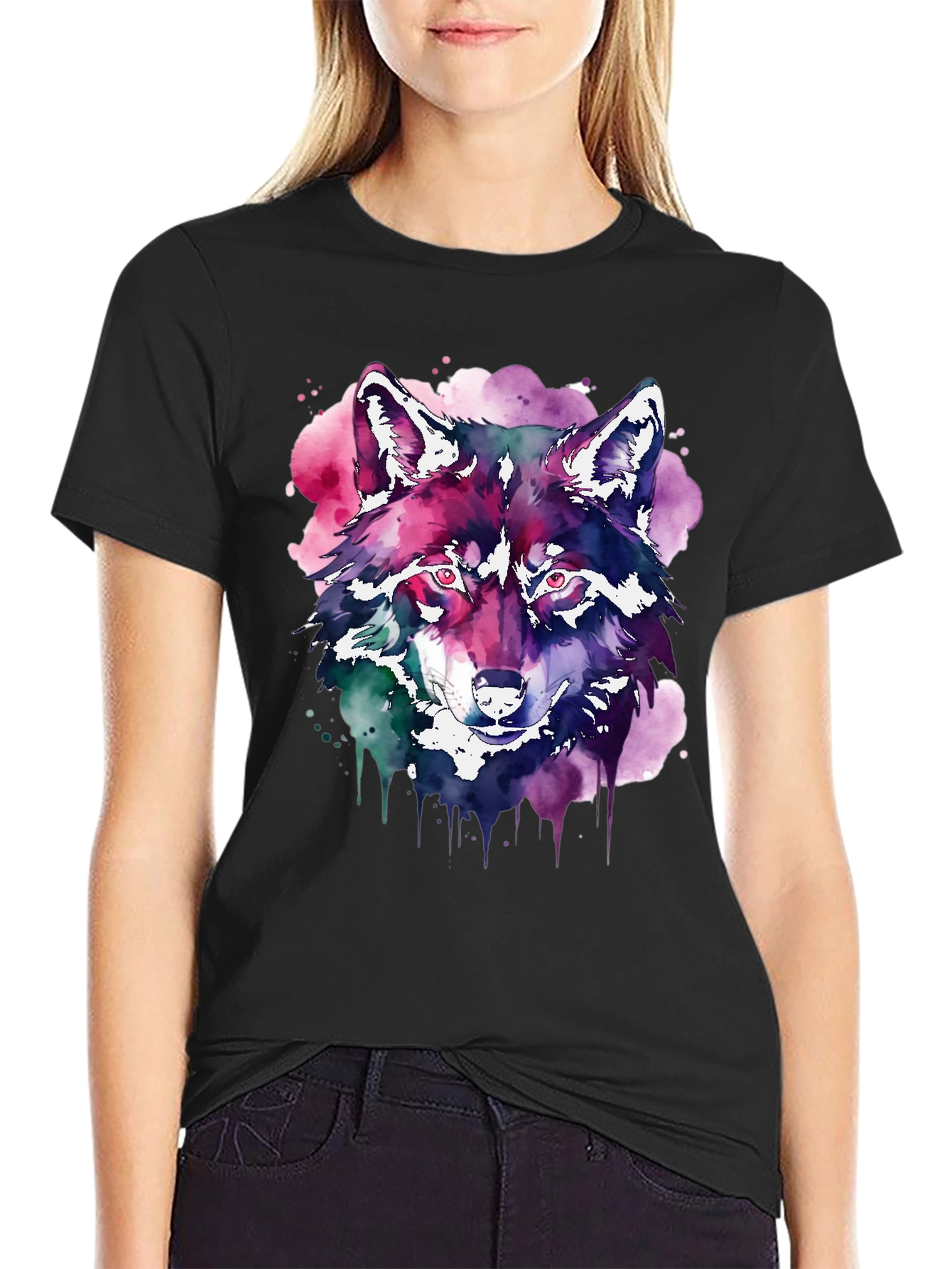 Black Watercolor Wolf Graphic T-Shirt - Black view 2
