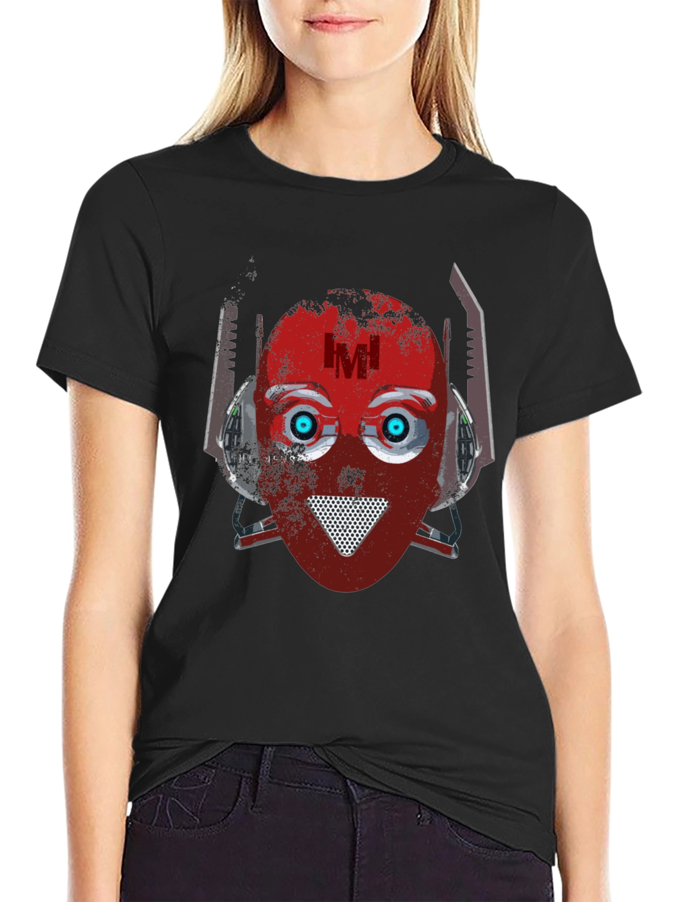 Black Robot Head Graphic T-Shirt - Cool Sci-Fi Design view 2