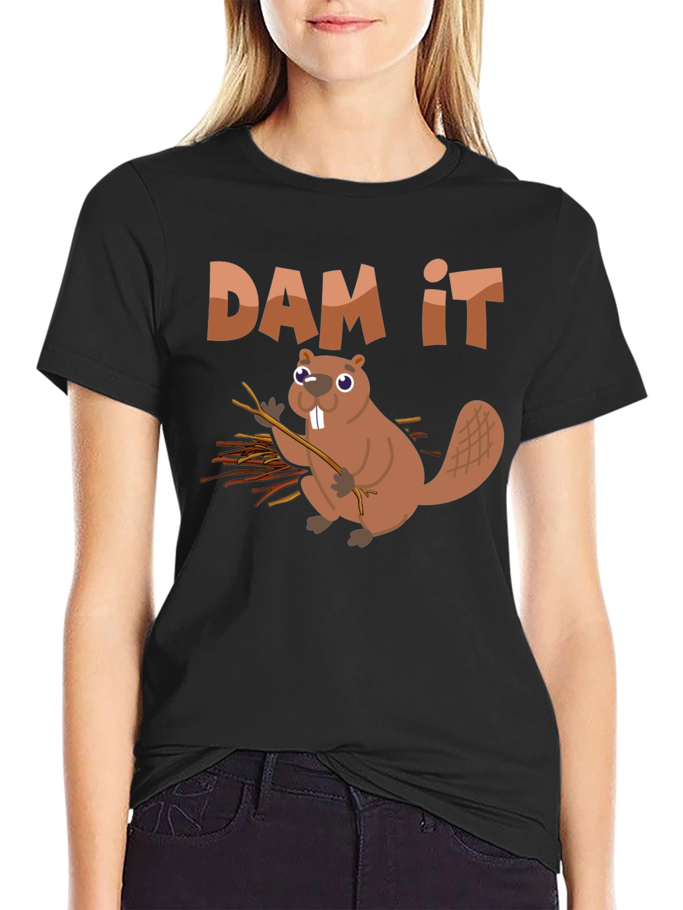 Black Funny Beaver "Dam It" Graphic T-Shirt view 2