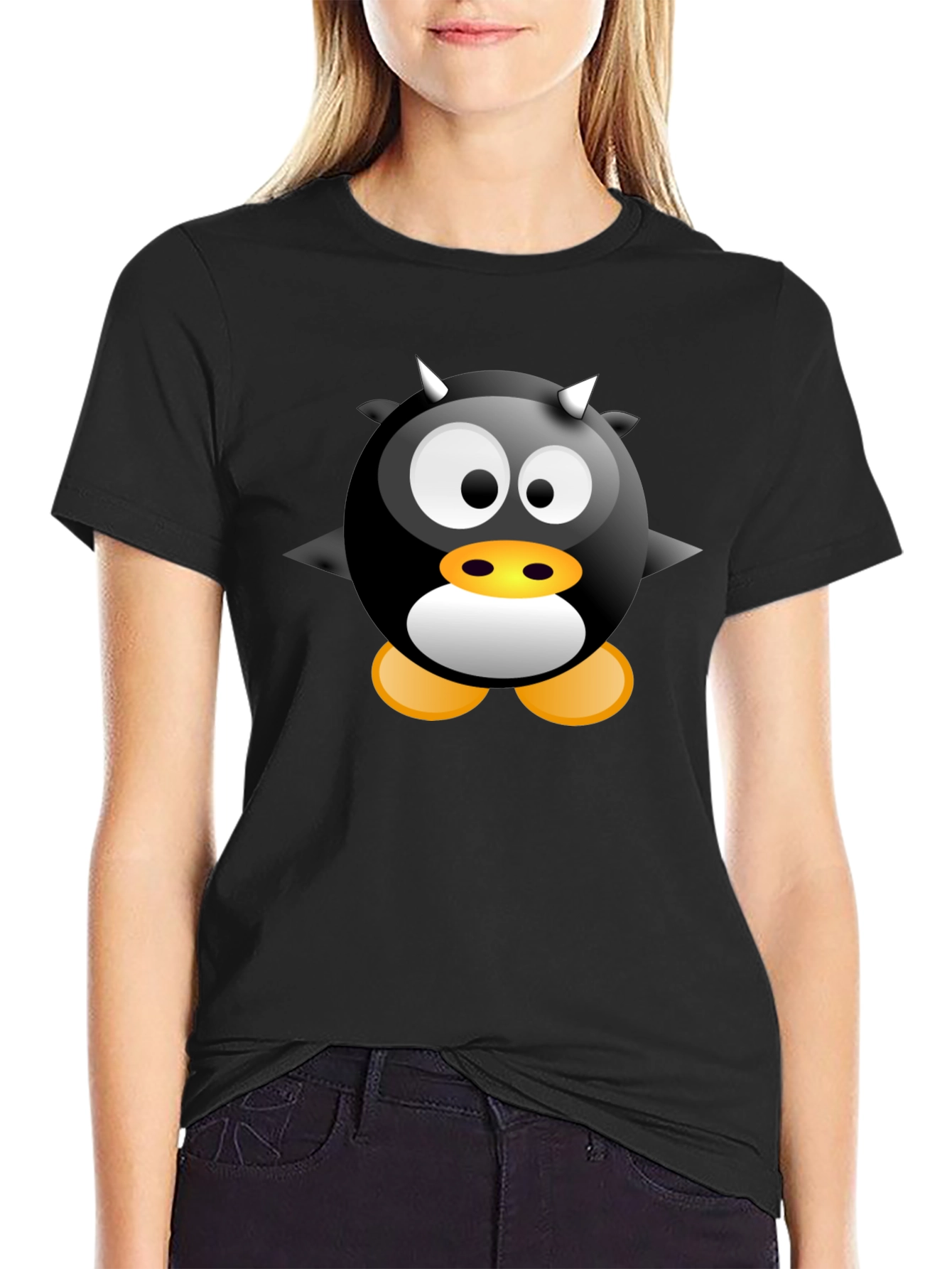 Black Cartoon Devil Penguin Graphic Tee - Black T-Shirt view 2