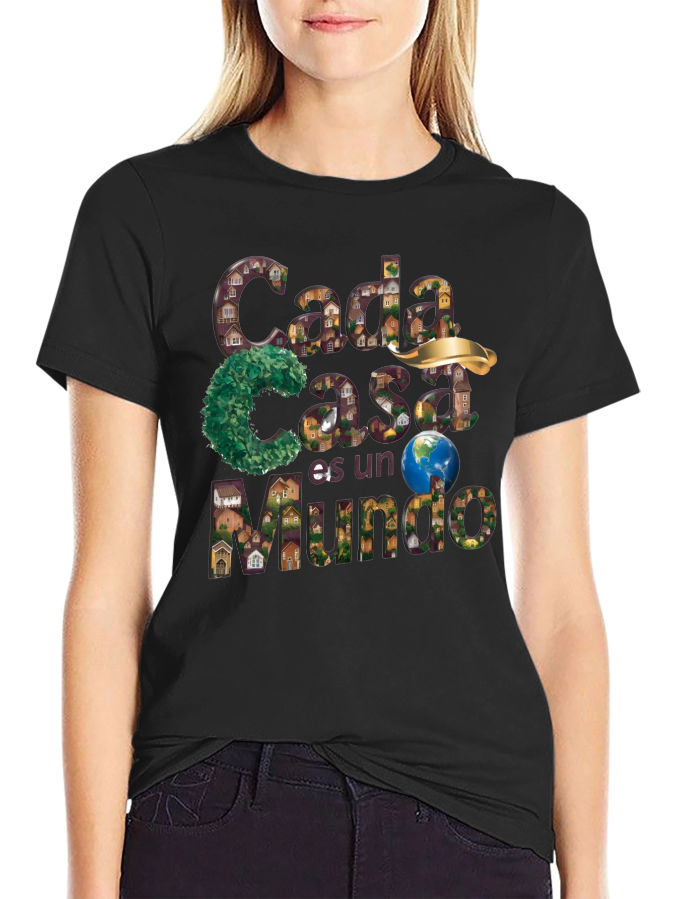 Black Unique Graphic T-Shirt - "Cada Casa es un Mundo" Design view 2