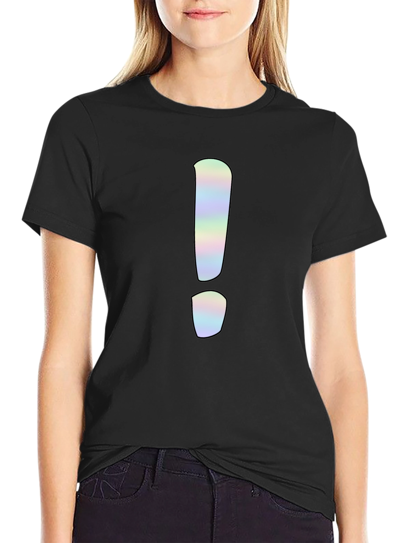 Black Statement Tee: Holographic Exclamation Point Graphic Shirt view 2