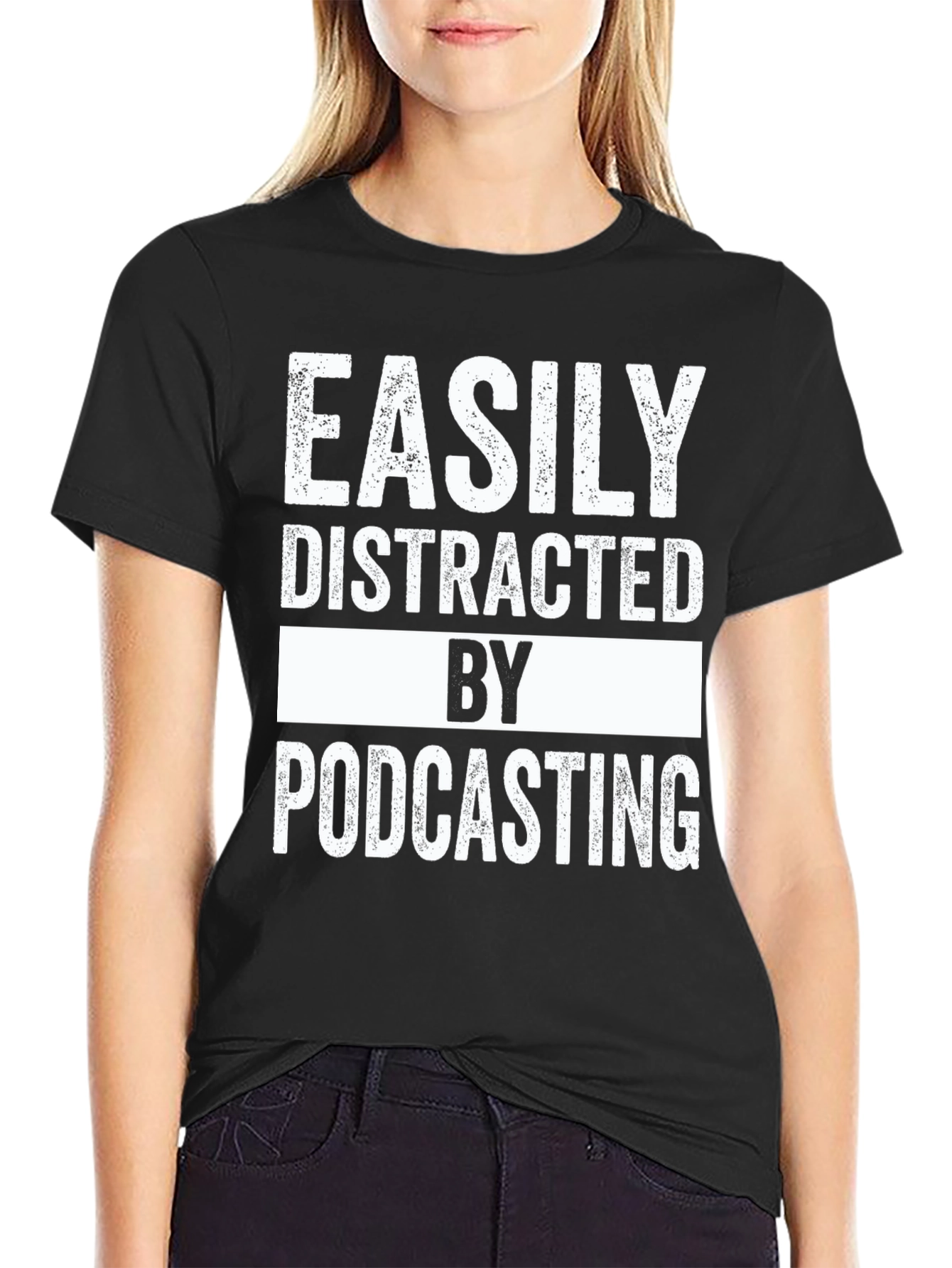 Black Easily Distracted by Podcasting Black T-Shirt view 2