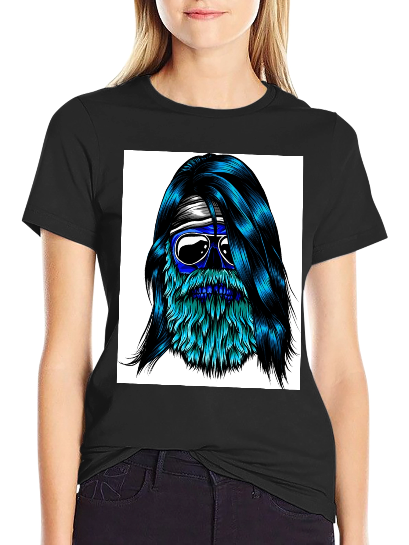 Black Cool Blue Bearded Skull T-Shirt view 2