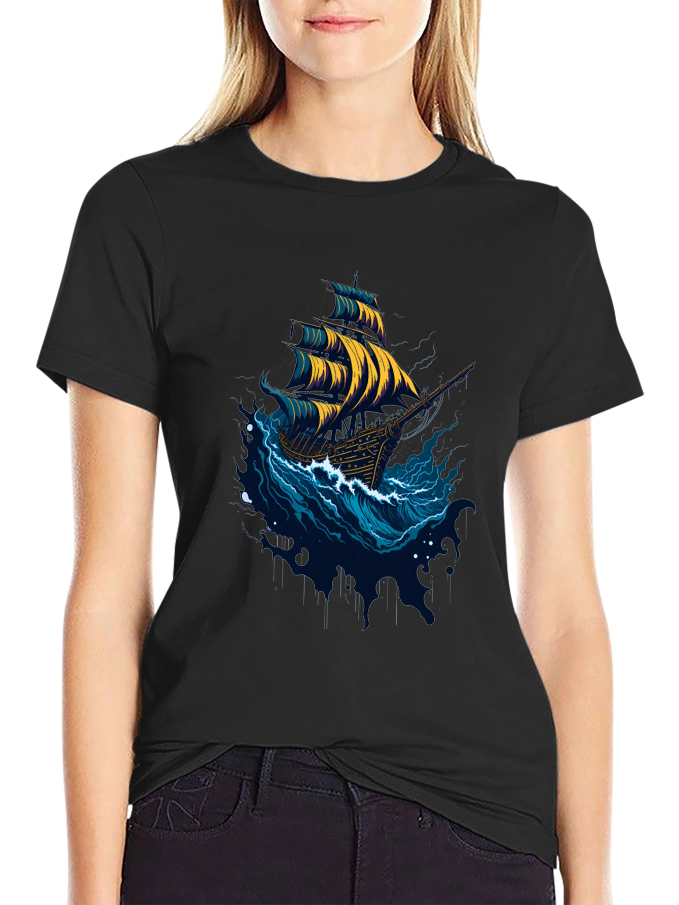 Black Nautical Ship Graphic Tee - Black Cotton T-Shirt view 2
