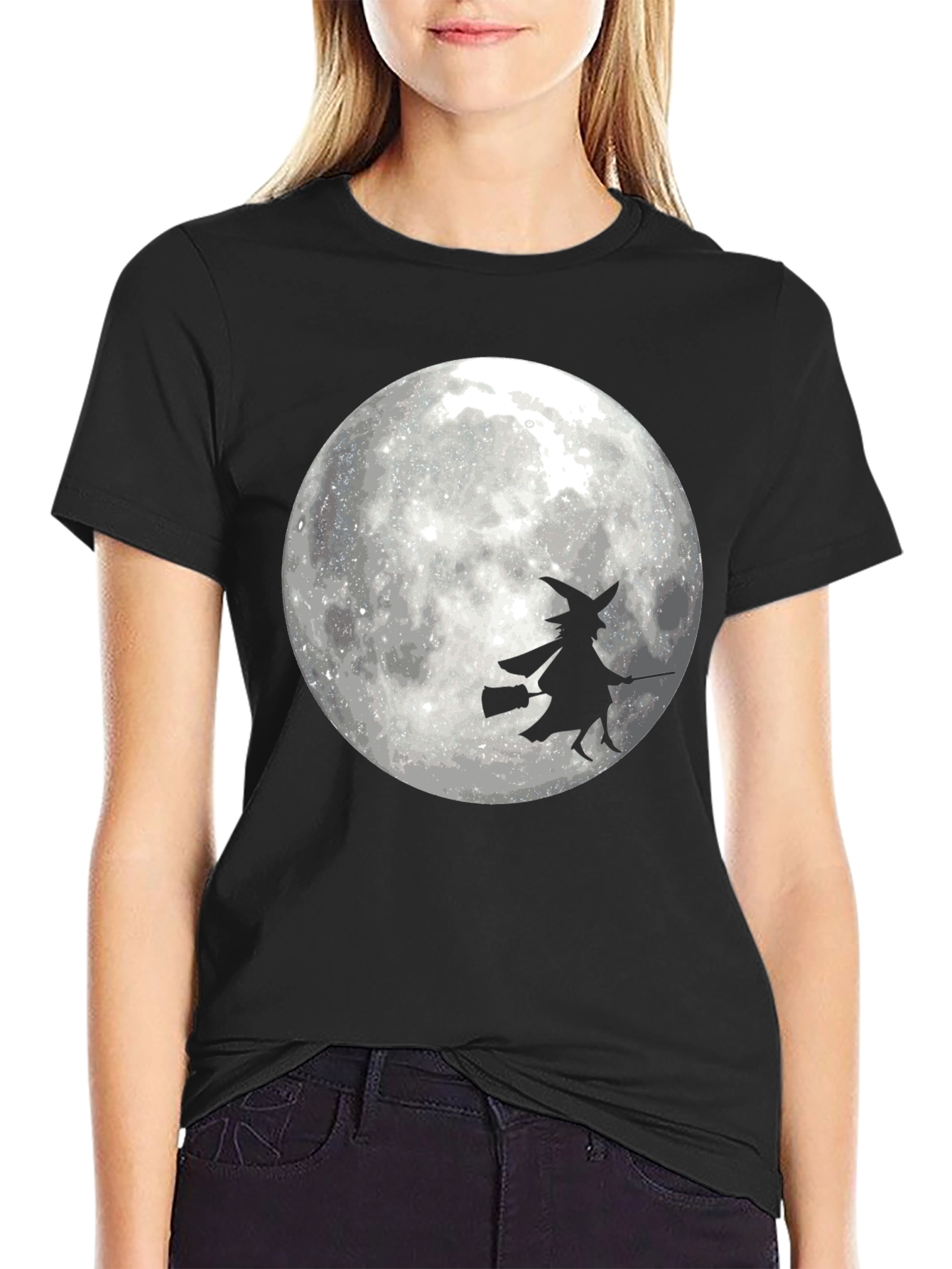 Black Halloween Witch on Moon Black T-Shirt view 2