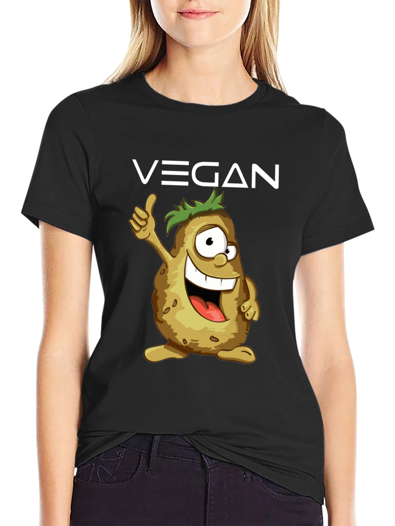 Black Vegan Potato Cartoon T-Shirt view 2