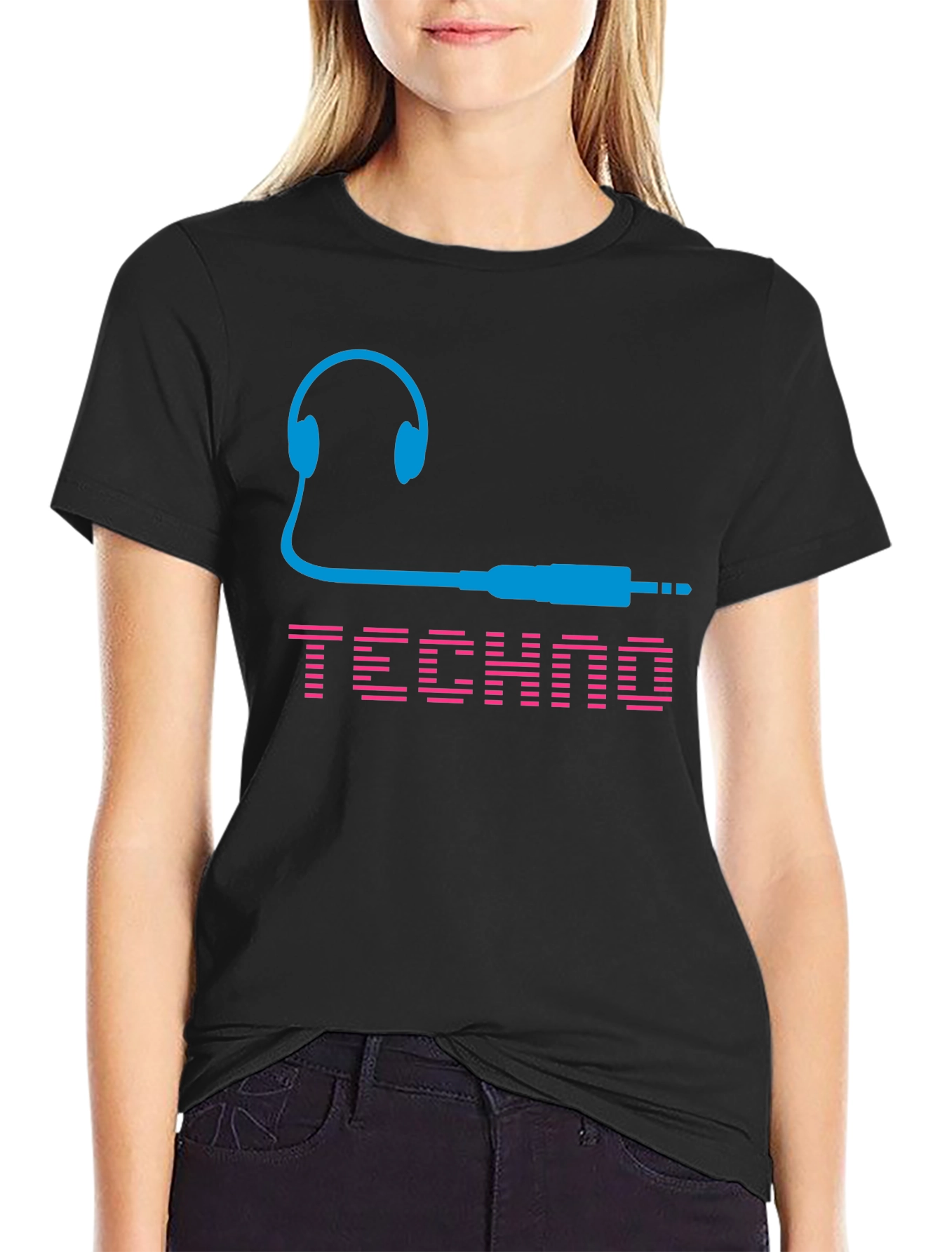 Black Techno Music T-Shirt - Headphones and Audio Jack Design view 2