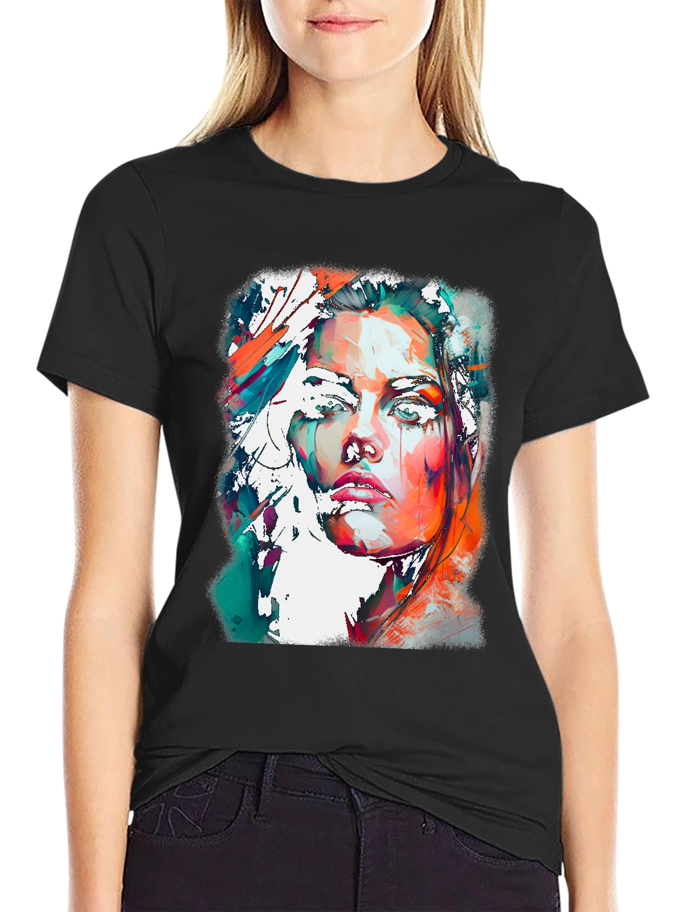 Black Abstract Woman Portrait Graphic Tee view 2