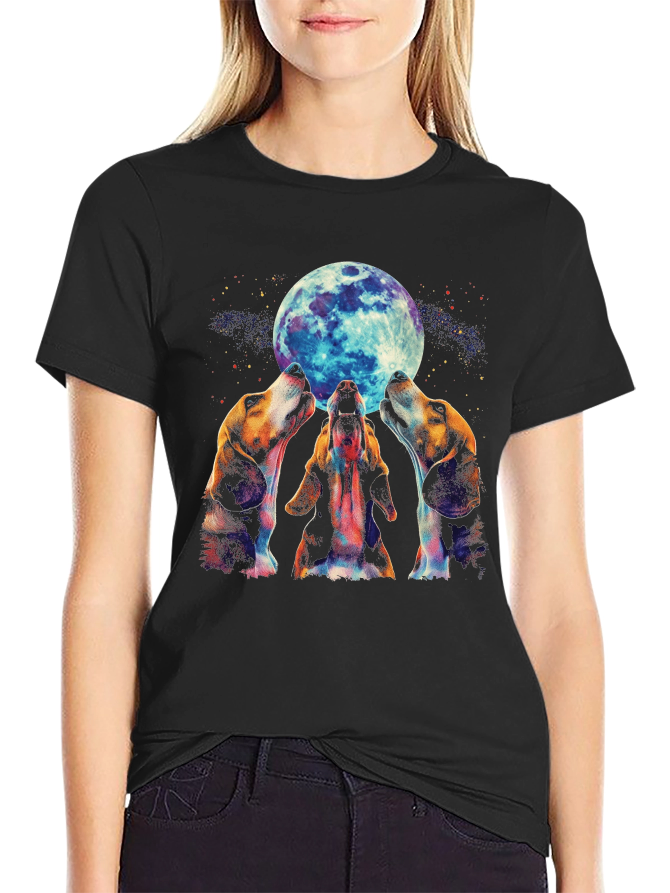 Black Dog Howling at Moon Graphic Tee - Black Cotton Blend view 2