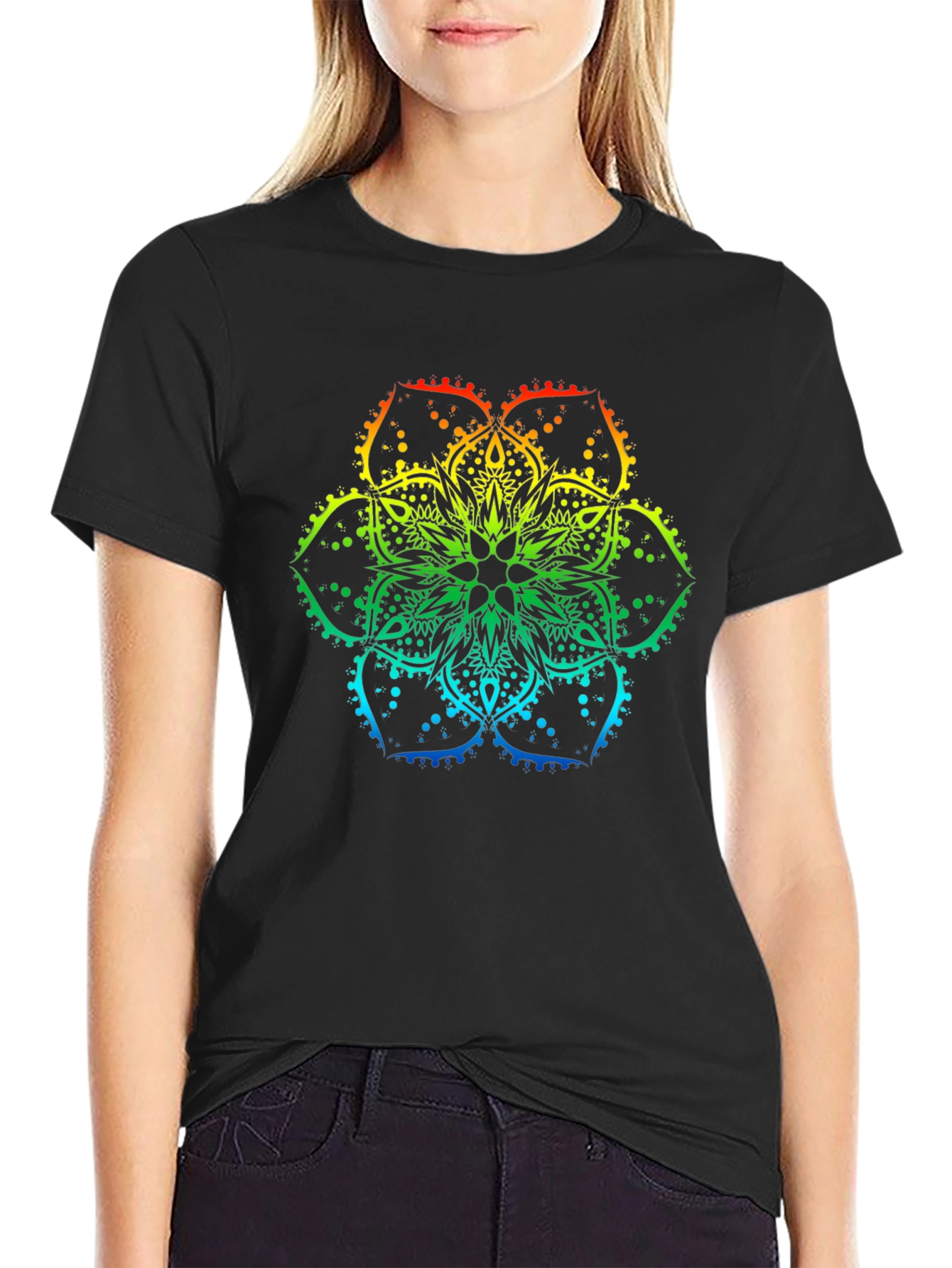 Black Rainbow Mandala Print Black T-Shirt view 2