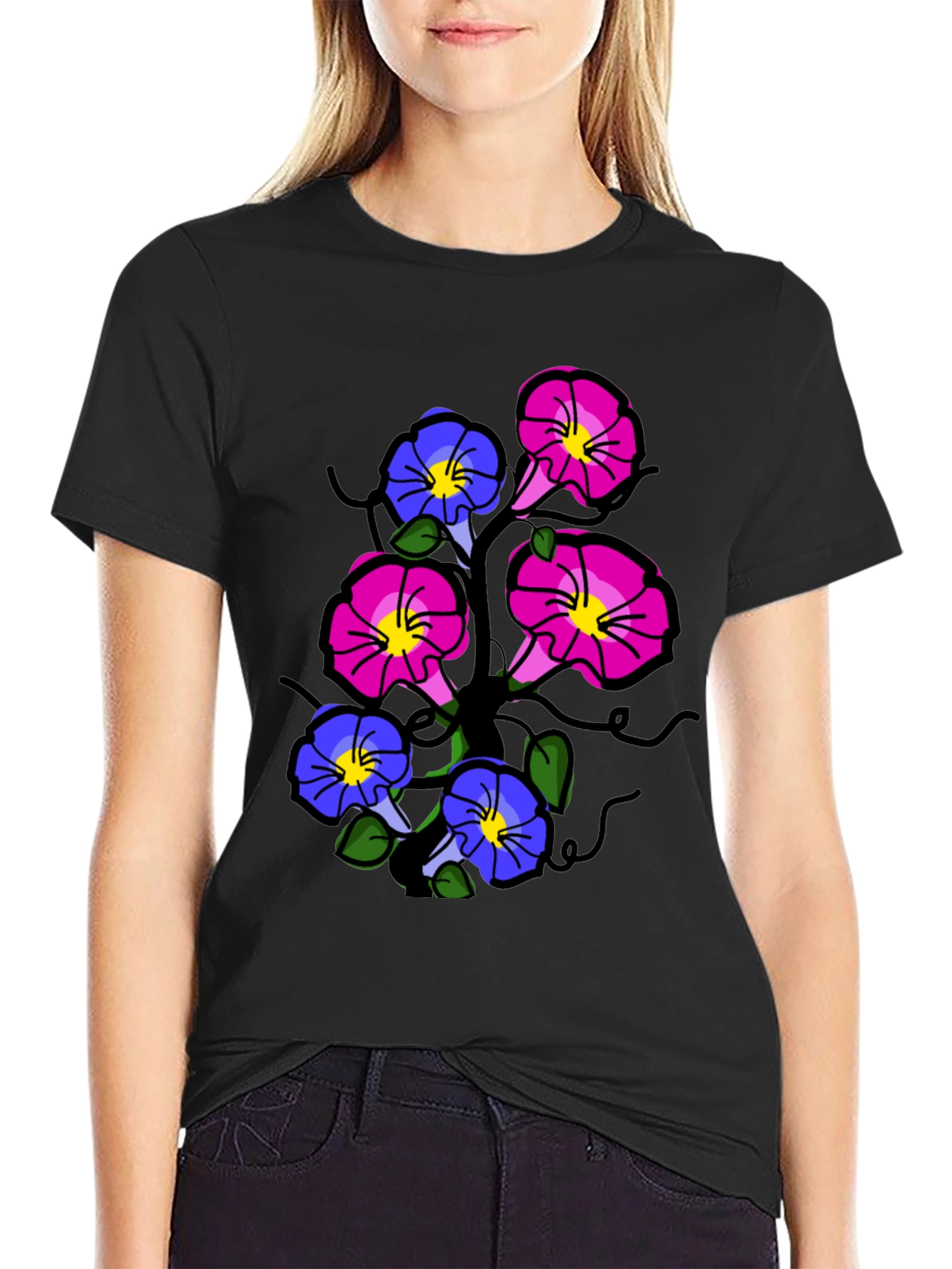 Black Floral Print T-Shirt - Unique Flower Design view 2