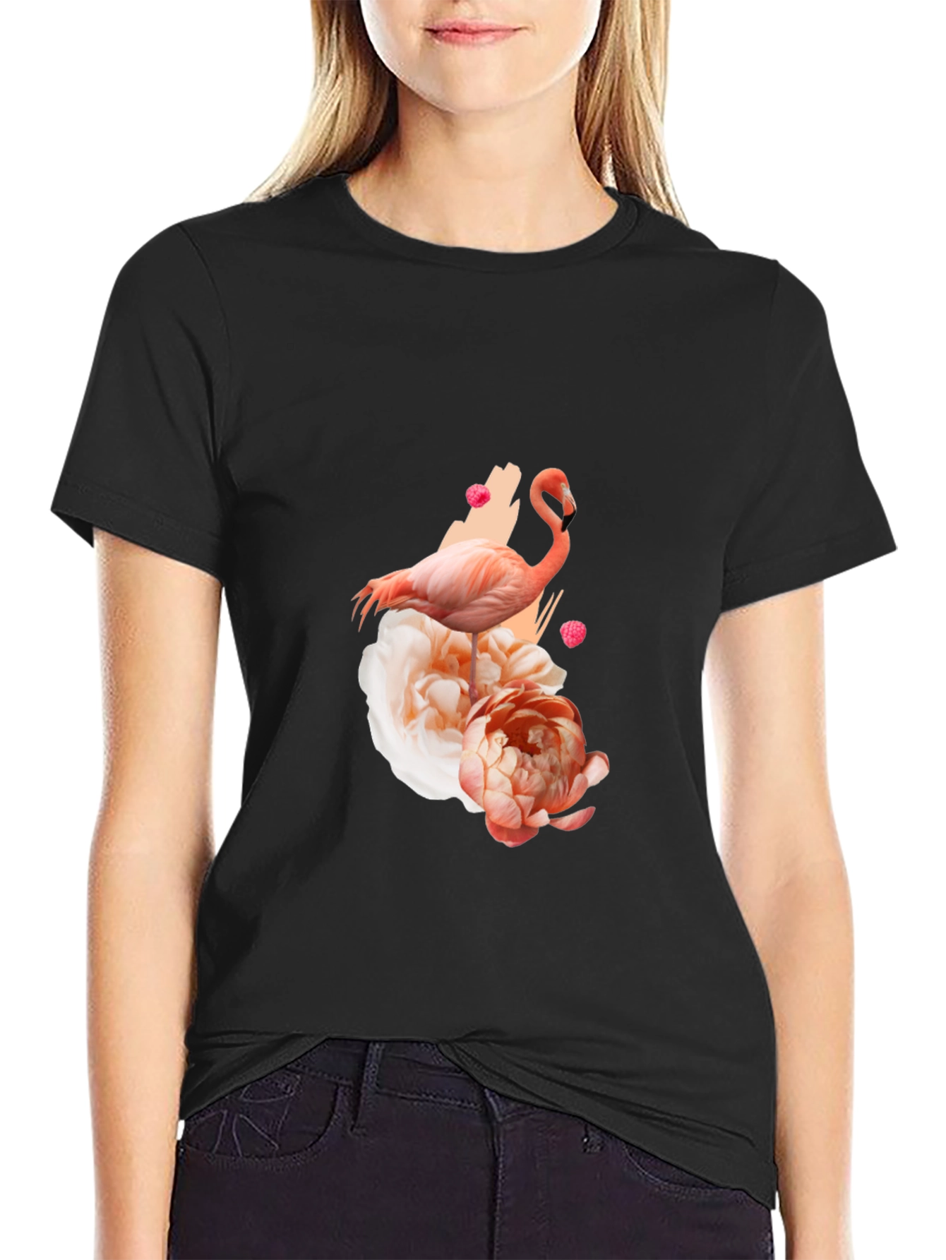 Black Flamingo Floral Graphic Tee - Black Cotton Blend Shirt view 2