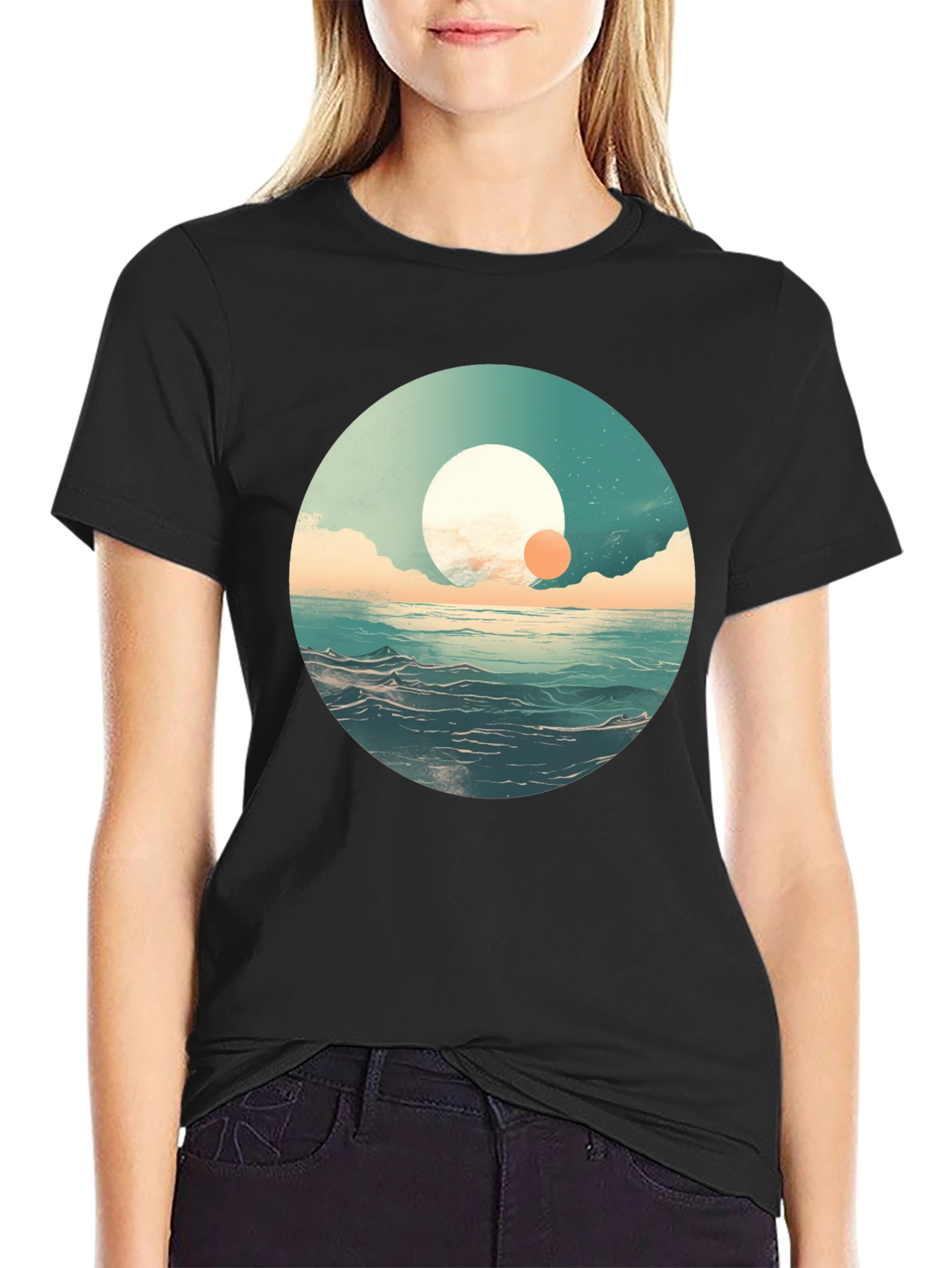 Black Ocean Sunrise Graphic Tee - Black Crew Neck view 2