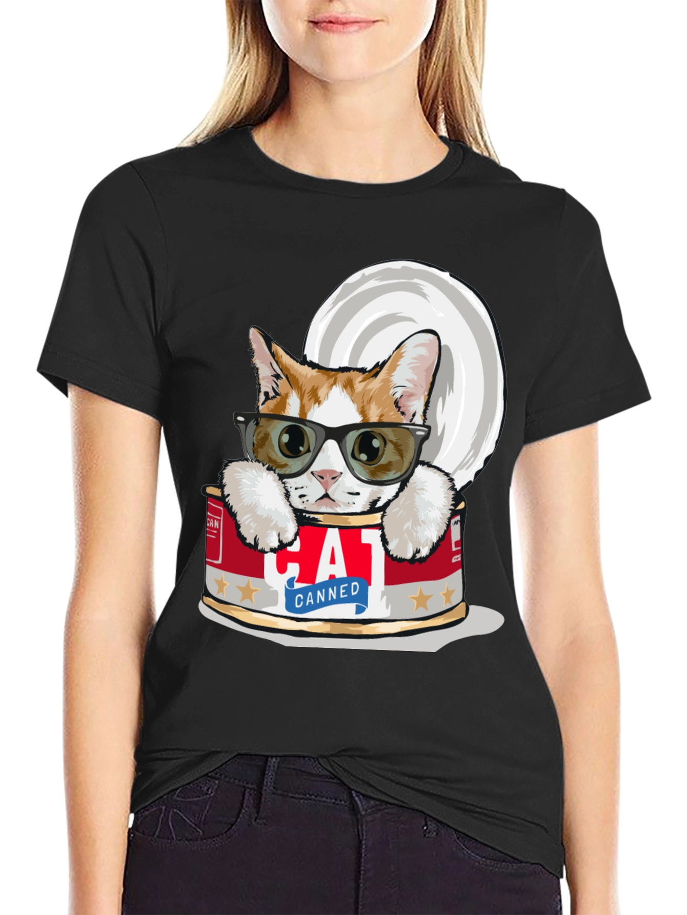 Black Canned Cat T-Shirt - Funny Graphic Tee view 2