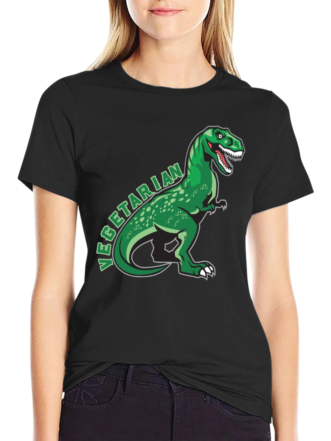 Black Vegetarian Dinosaur T-Shirt - Funny Graphic Tee view 2