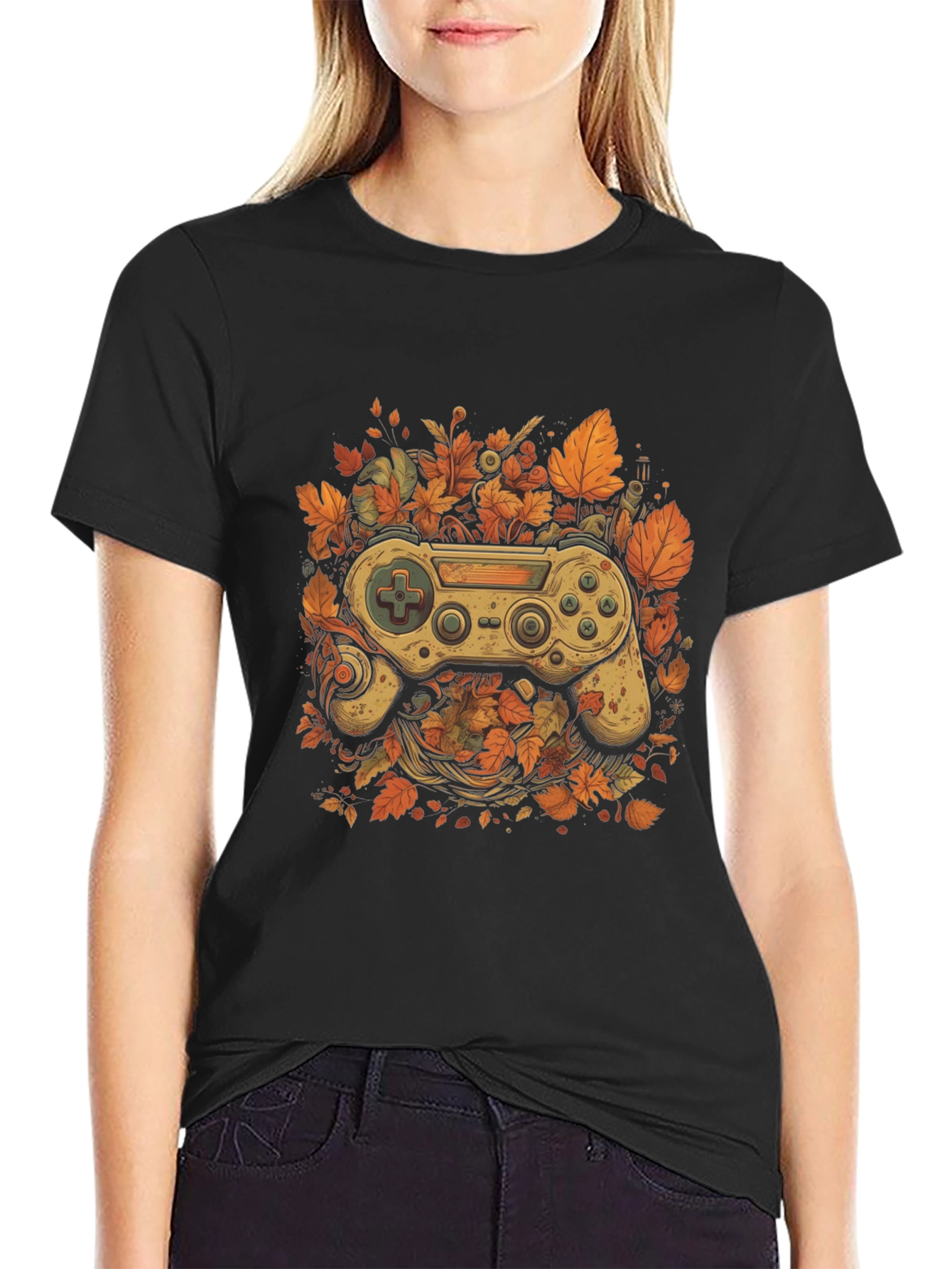 Black Gamer's Fall T-Shirt - Unique Controller Leaf Design view 2