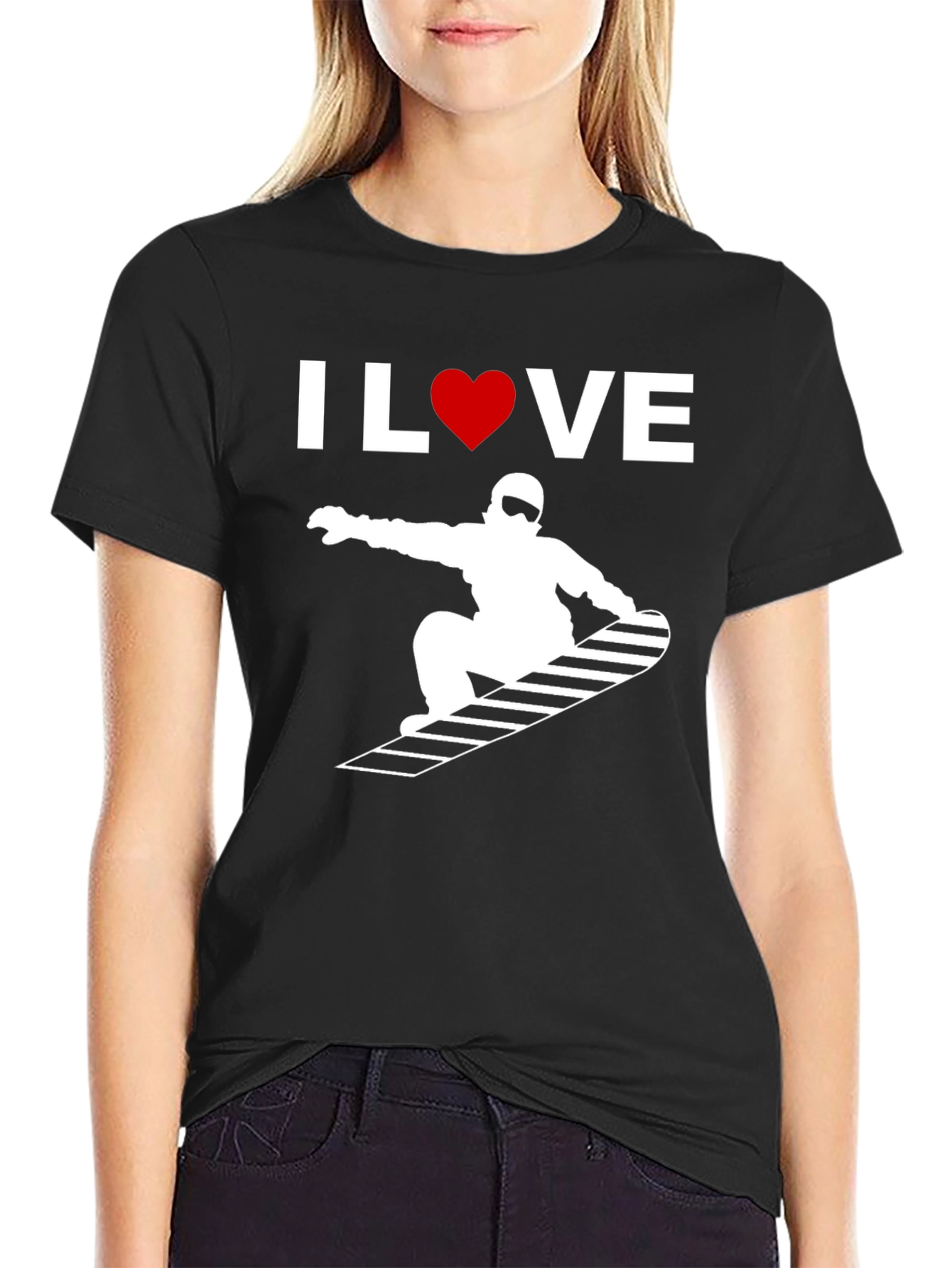 Black I Love Snowboarding Graphic Tee - Black Cotton T-Shirt view 2